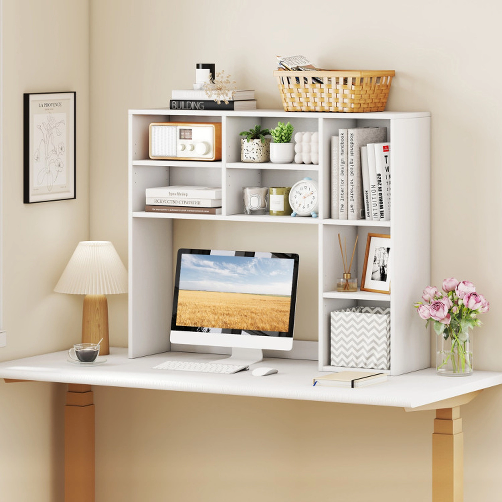 SUGIFT White Desktop Bookshelf with 7 Open Cubbies and 3 Adjustable Shelves