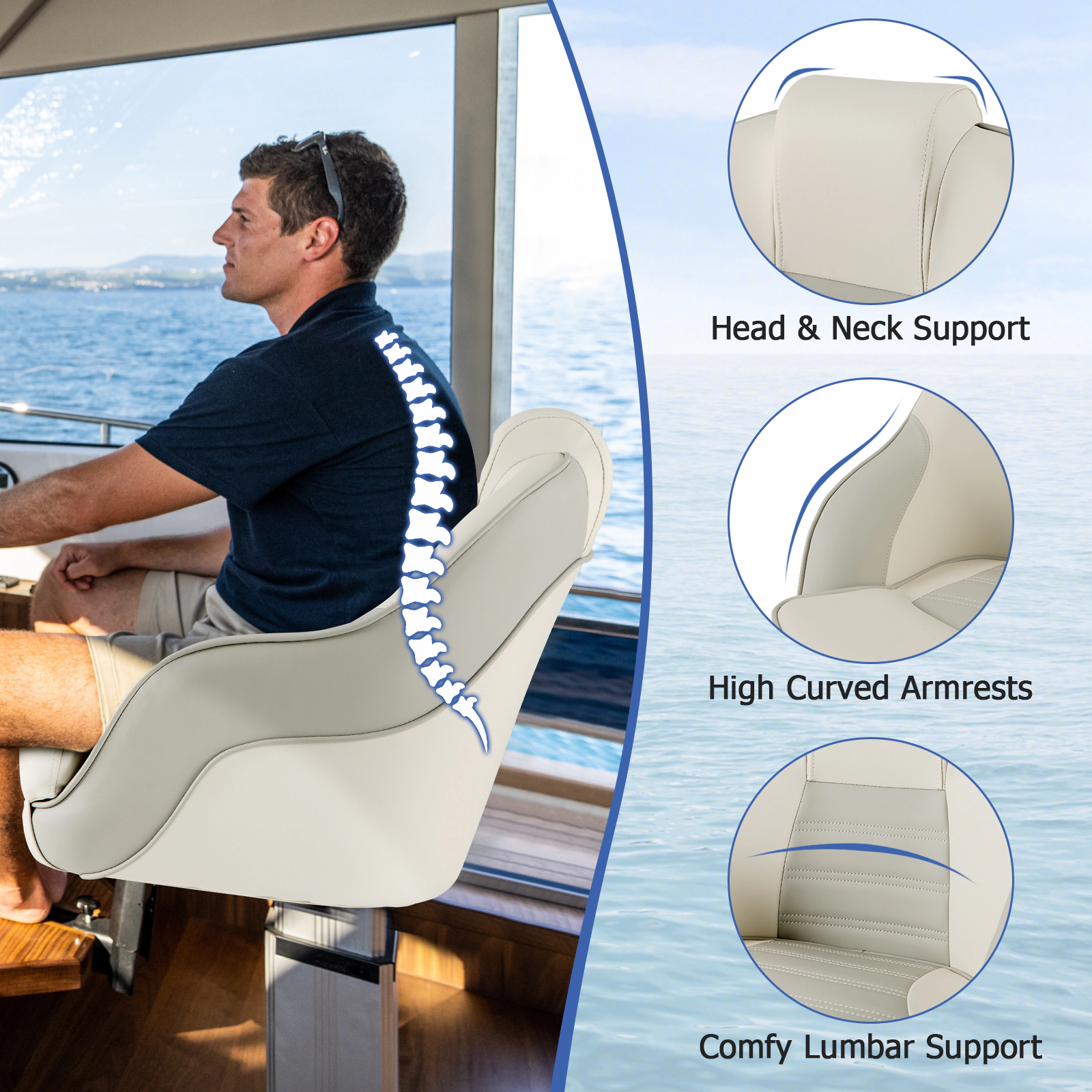 SUGIFT 330-lb Capacity Waterproof PVC Leather Captain Bucket Boat Seat with Armrests and Headrest Pillow
