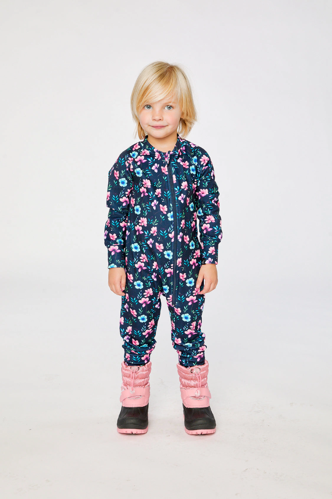 Deux par Girls One Piece Floral Print Asymmetric Zip Thermal Underwear