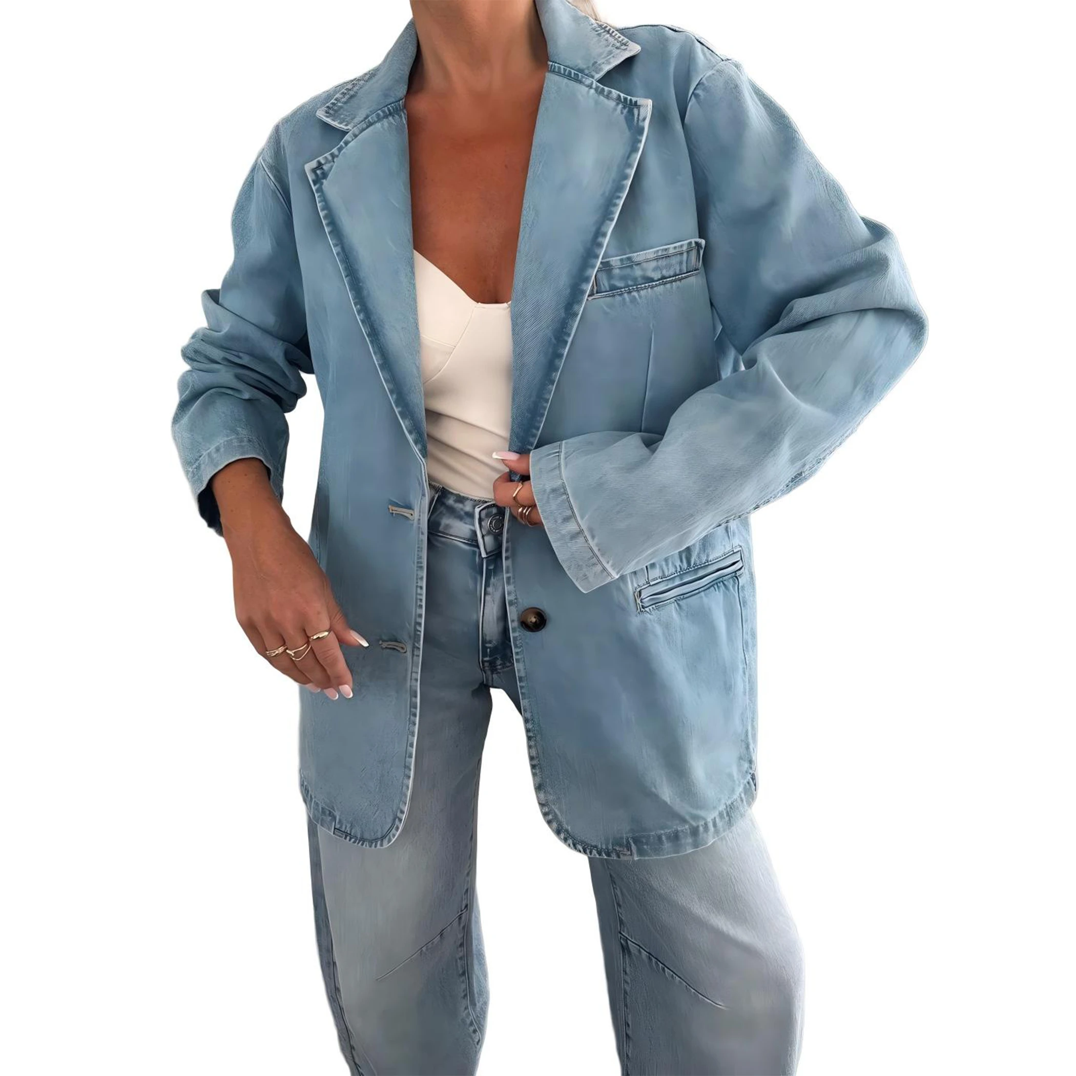 YesFashion Women Denim Blazer Jacket Lapel Long Sleeve Open Front Casual Jean with Pockets