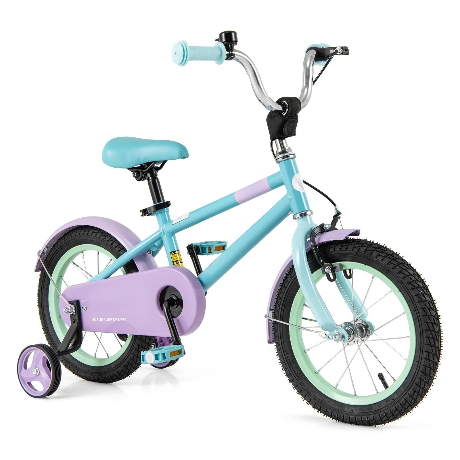 SUGIFT 14-Inch Kids Bike, Adjustable Saddle and Handlebars, Dual Brakes, Training Wheels, Blue and Purple