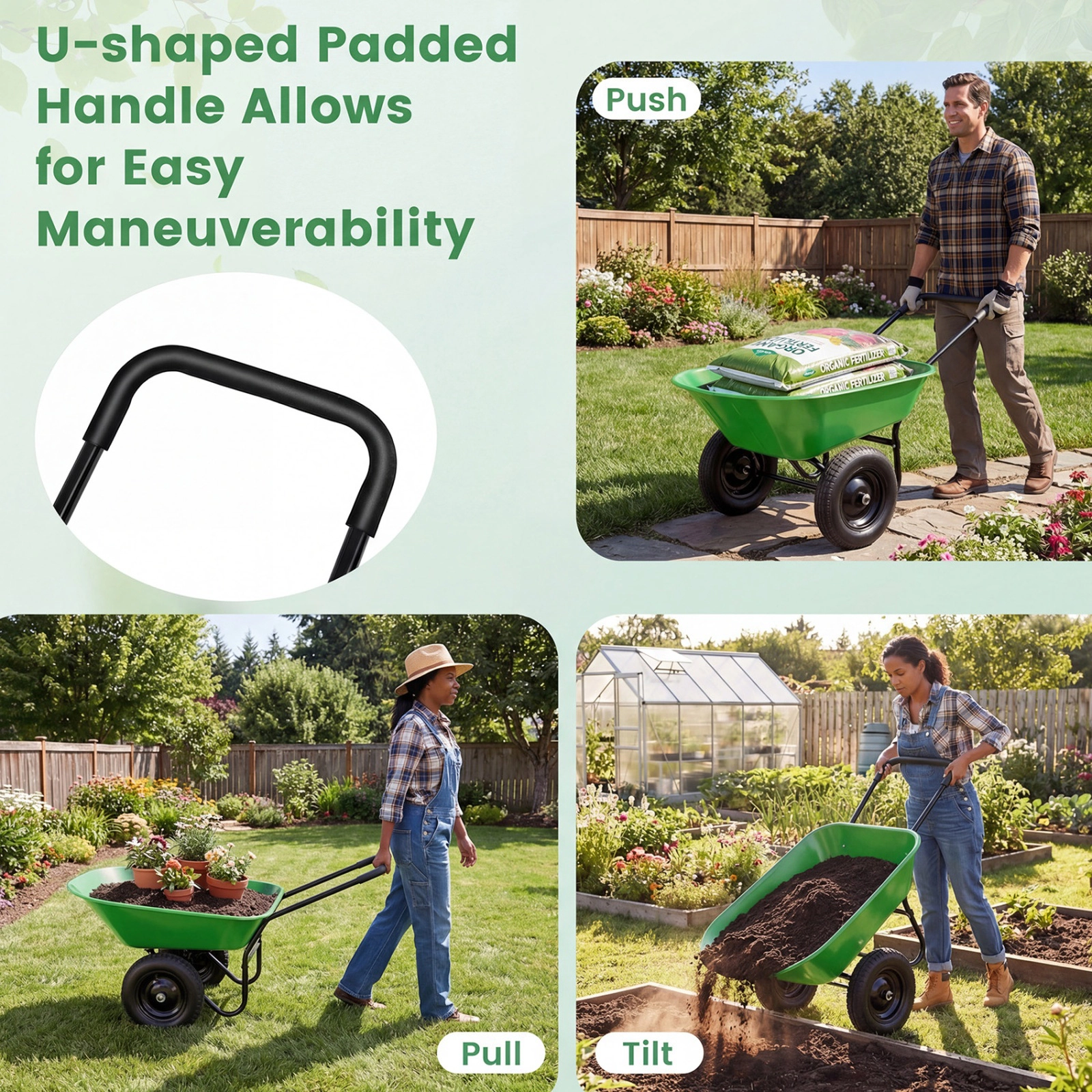 SUGIFT 2 Tire Heavy Duty Dolly Utility Cart Light Green Garden Wheelbarrow