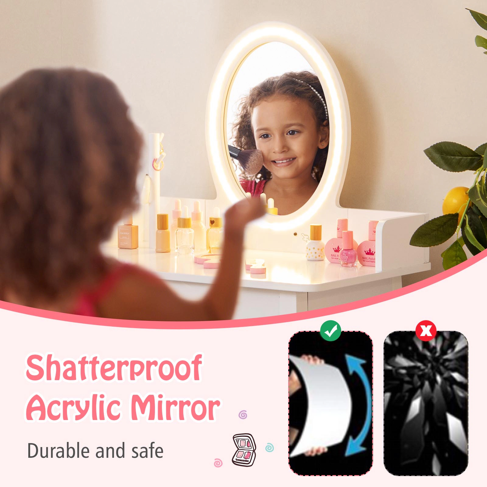 SUGIFT White LED Lighted Mirror Detachable Mirror Drawer and Stool Kids Vanity Set