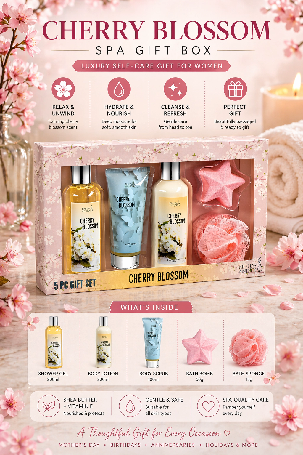 Freida and Joe  Women Cherry Blossom Spa Gift Box For Her Bath and Body Self-care Gift Set