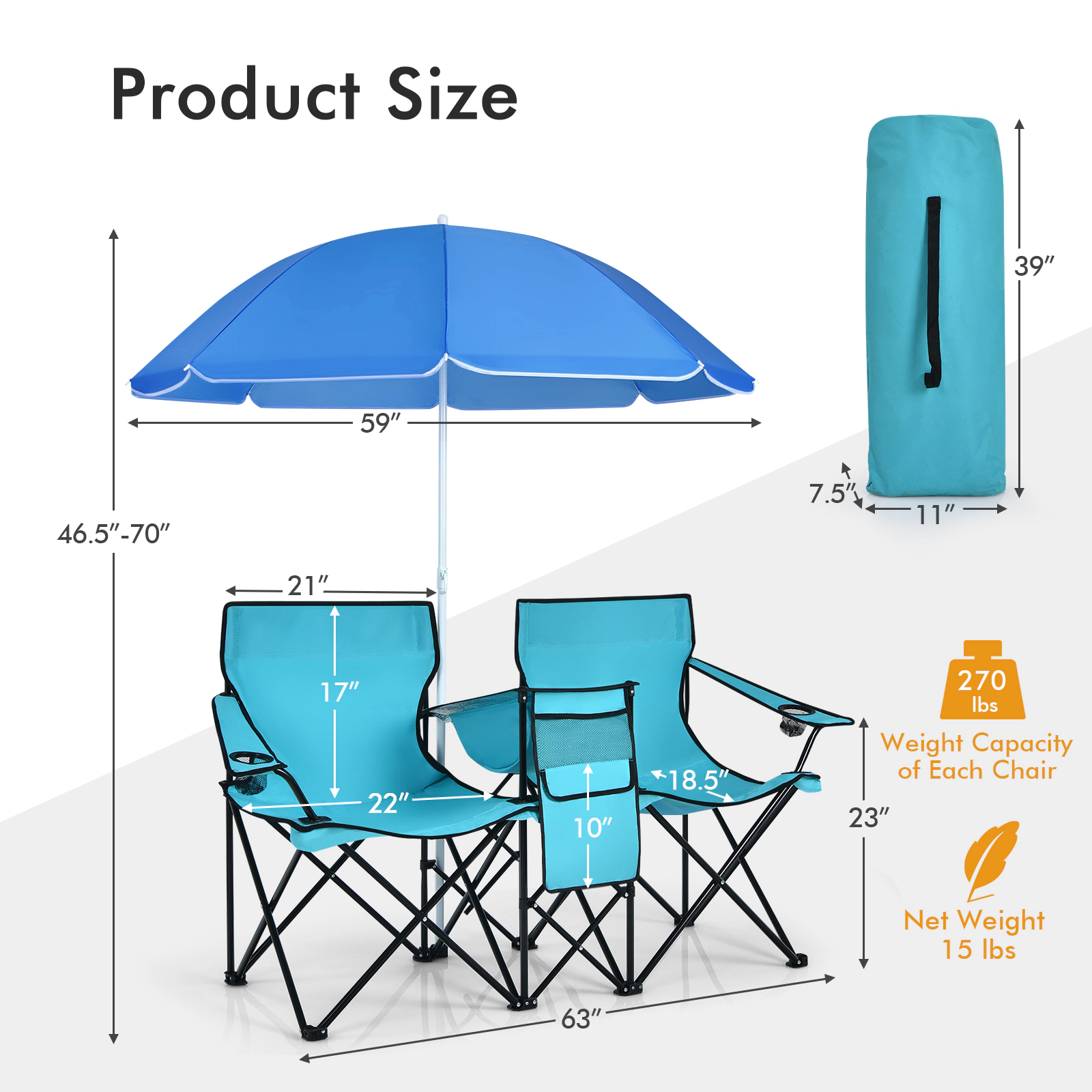 SUGIFT Folding Picnic Double Chair with Umbrella and Cooler Bag 270-lb Capacity Per Seat 600-lb Total Black Blue Gray