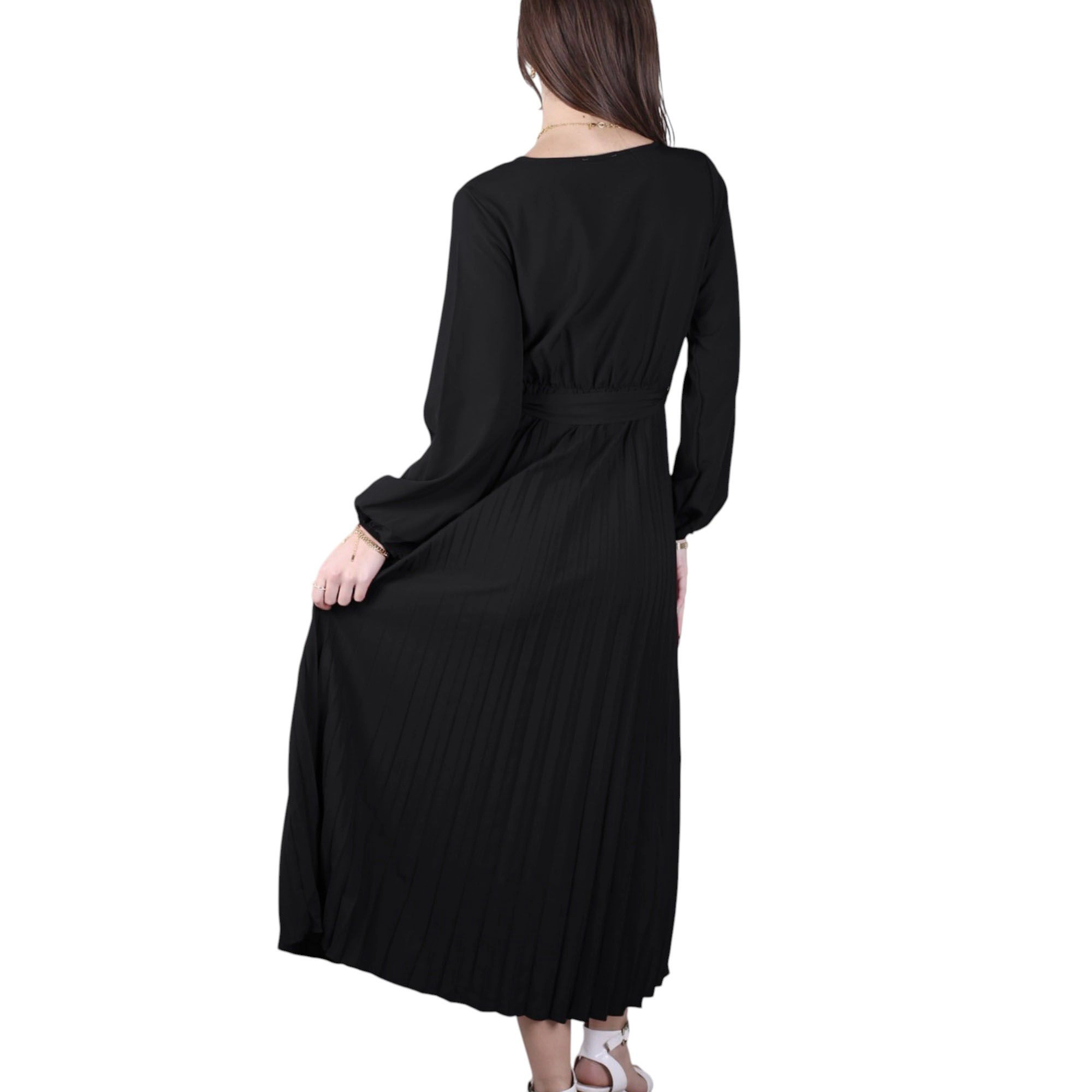 Anna-Kaci Women's Long Sleeve V-Neck Maxi Dress with Pleated Skirt and Waist Tie