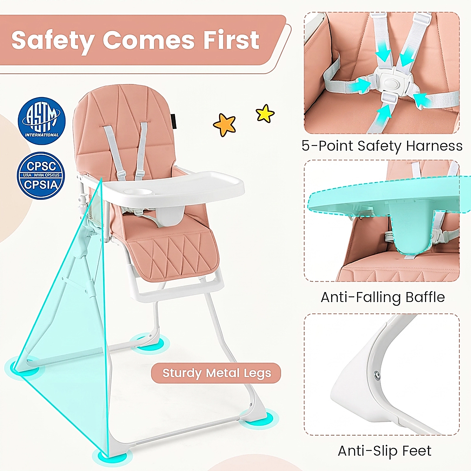 SUGIFT Pink Removable Tray and PU Seat Cushion Compact Folding Baby High Chair