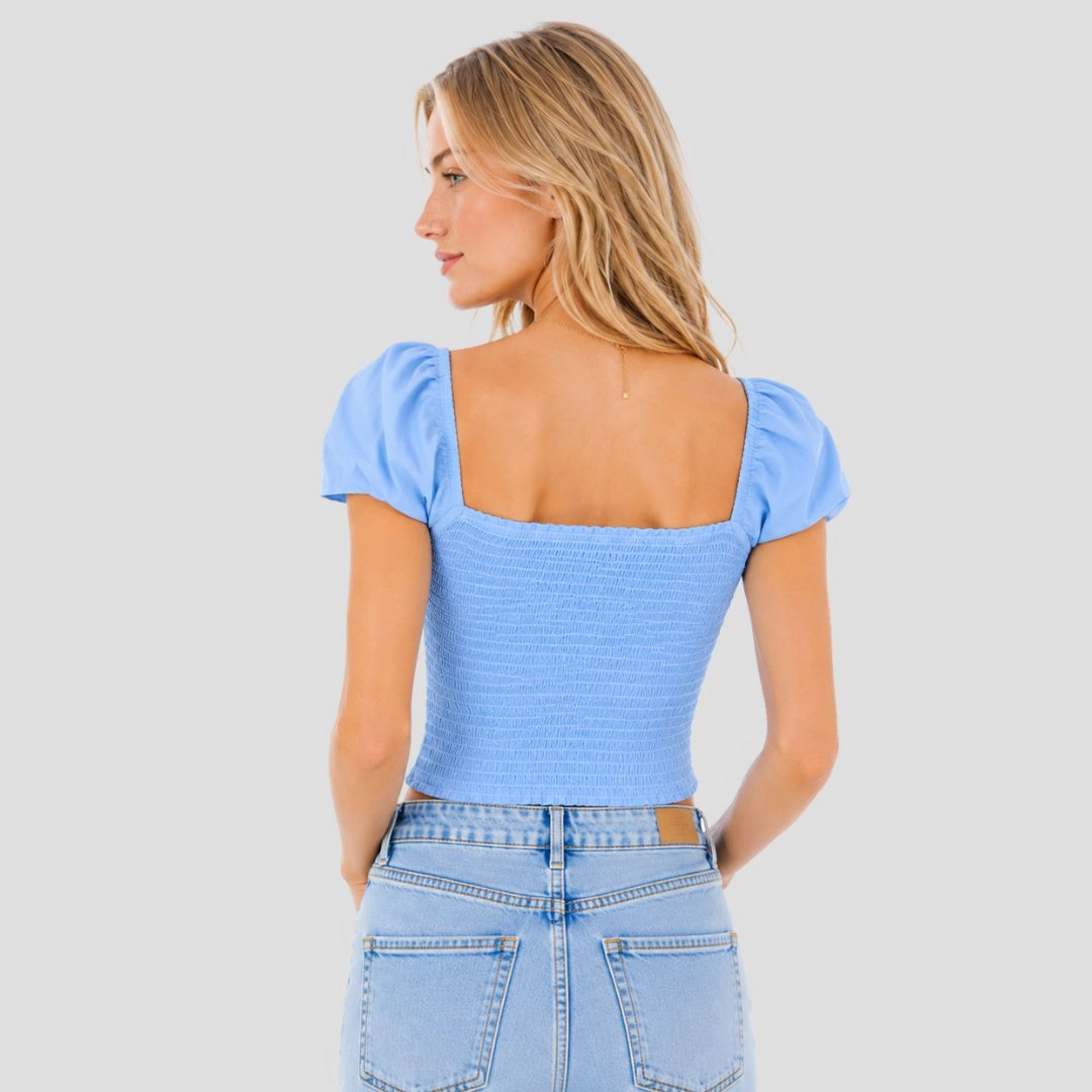 Artyska Women's Square Neck Smocked Cap Sleeves Linen Crop Tops