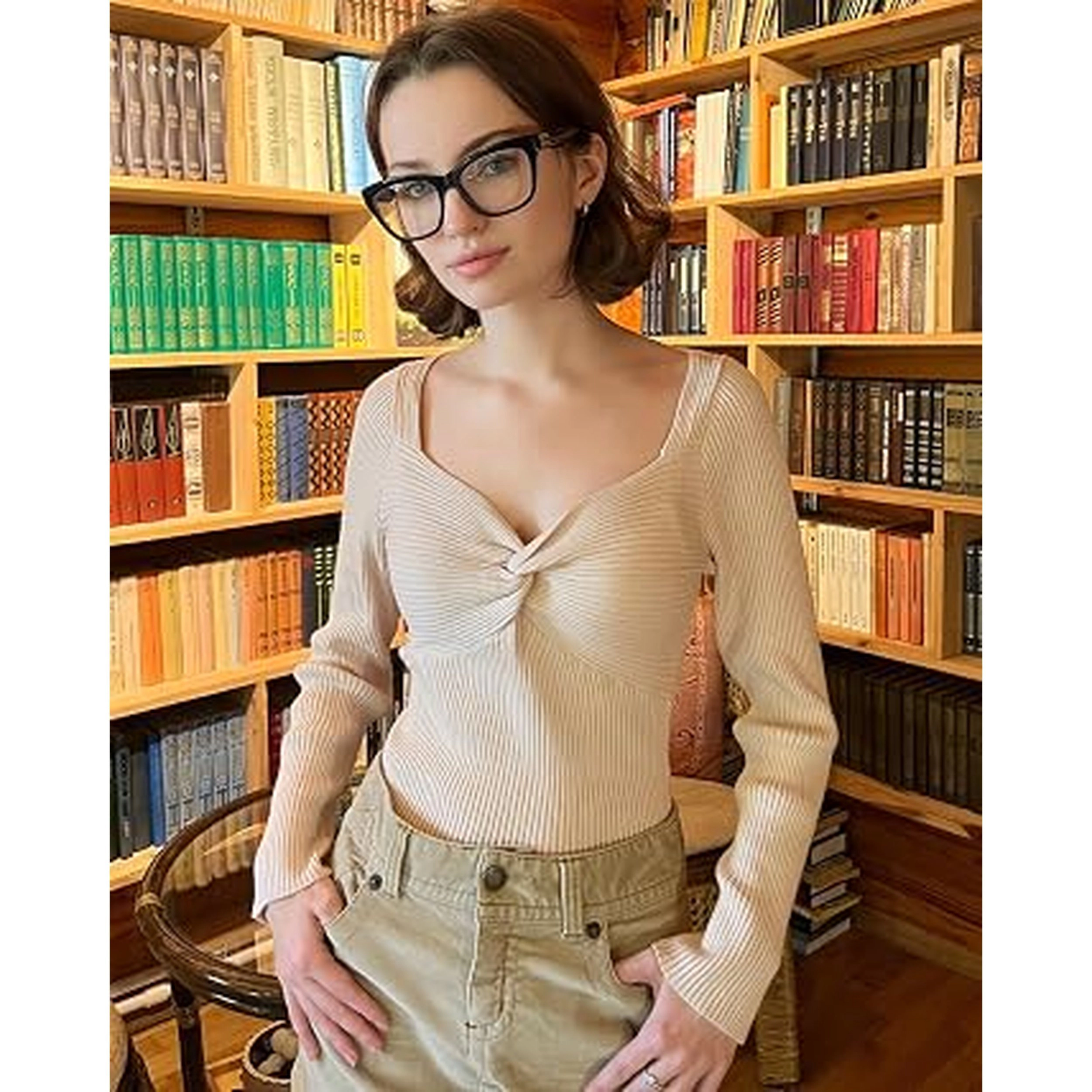 Zeagoo Women's Long Sleeve V-Neck Twist Knot Slim Fitted Sweater