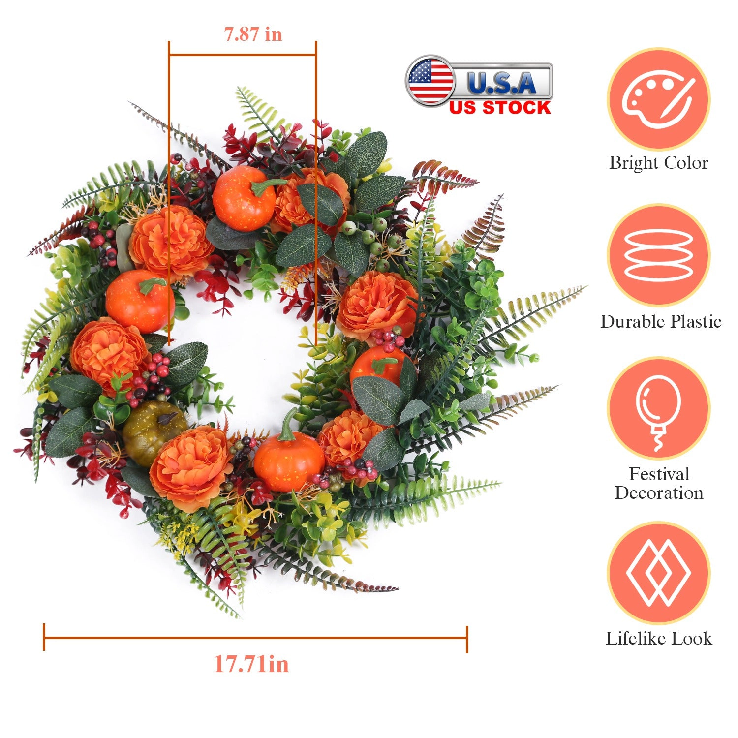 GBruno 17.71 In Autumn Wreath With Pumpkin And Leaves