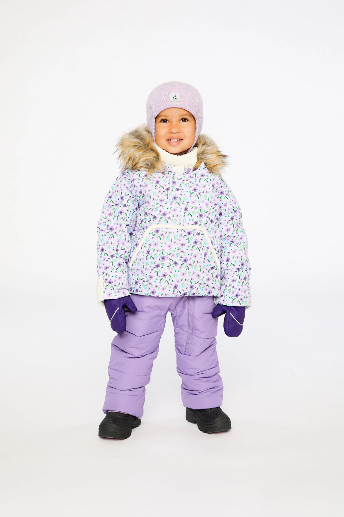 Deux par Girls Snug Mini Flower Print One Piece Snowsuit Adapted for Car Seats with Faux Fur-Trimmed Hood