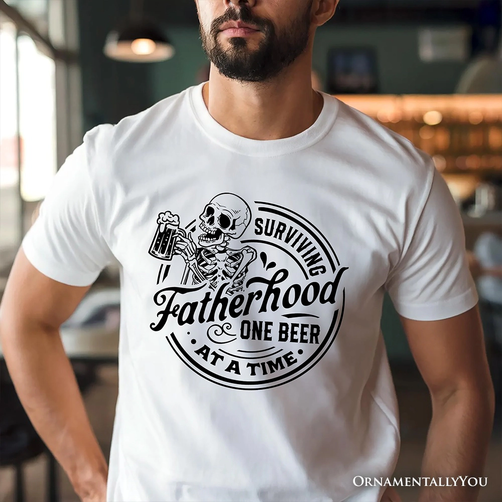 OrnamentallyYou Mens Surviving Fatherhood Skeleton Beer T-Shirt