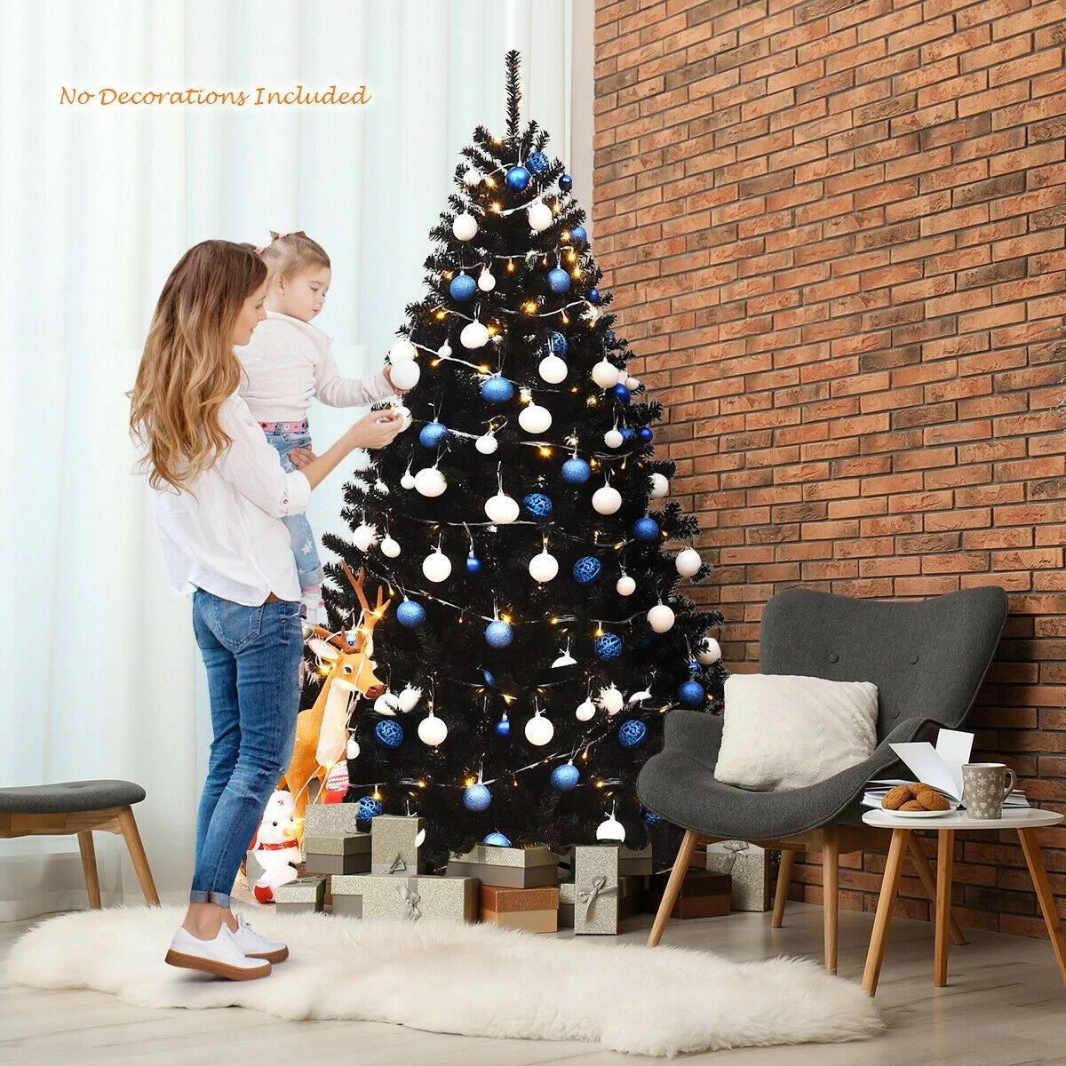 SlickBlue Unlit Black Pine Tree with Hinged Branches and Metal Stand
