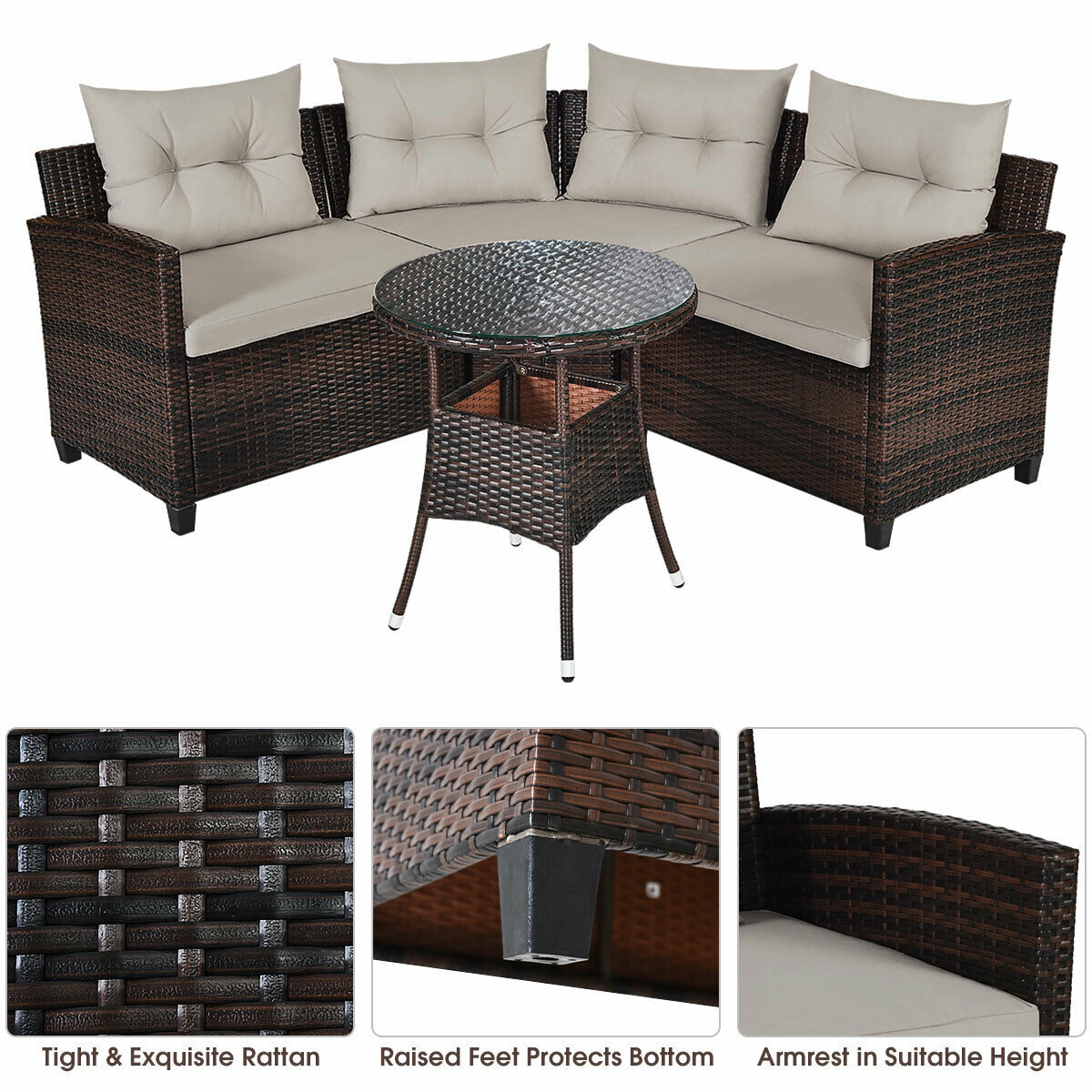 SUGIFT Curved Sectional Seating and Round Table 4-Piece Outdoor Wicker Sofa Set