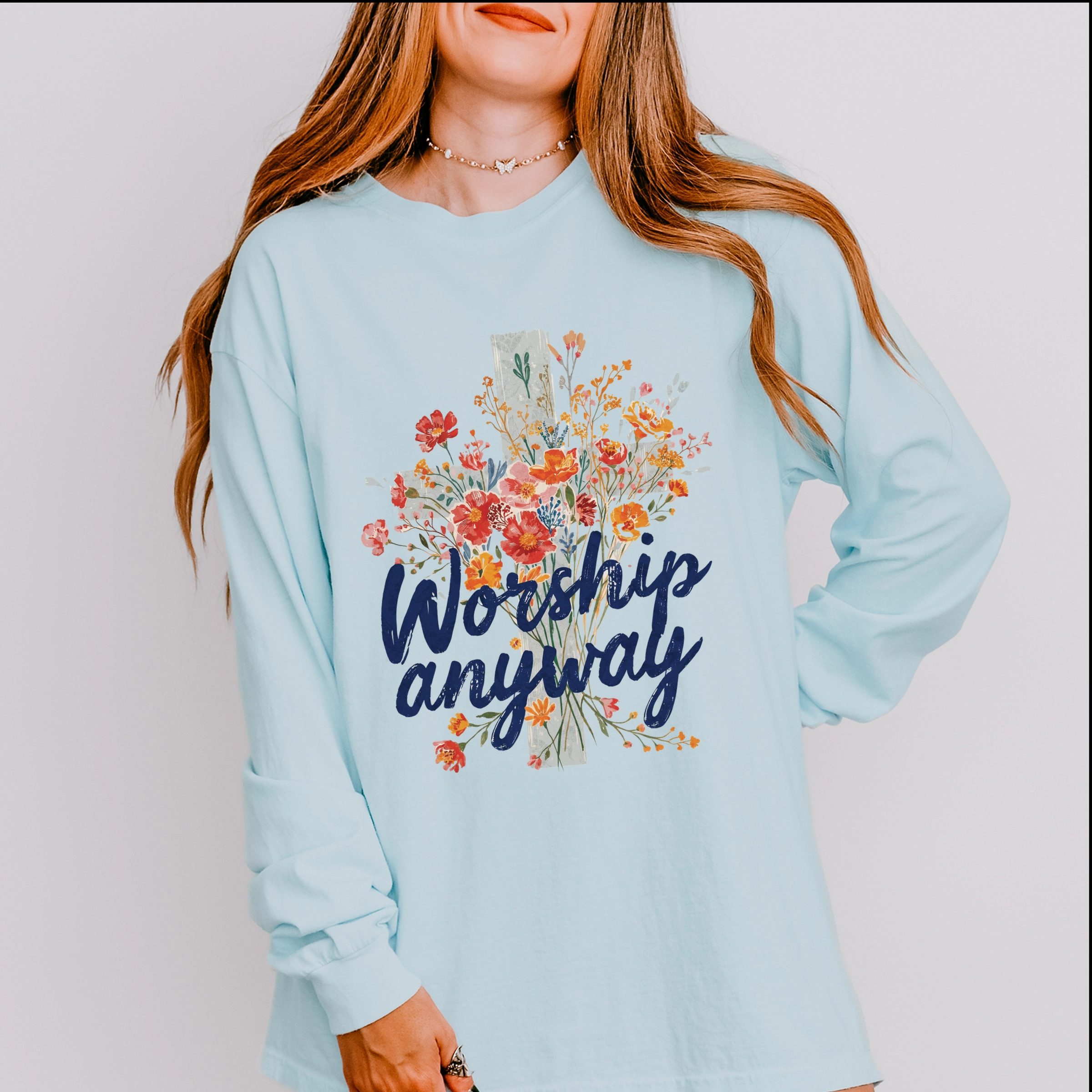 Simply Sage Market - Worship Anyway Cross Women's Garment Dyed Long Sleeve Graphic T-Shirt