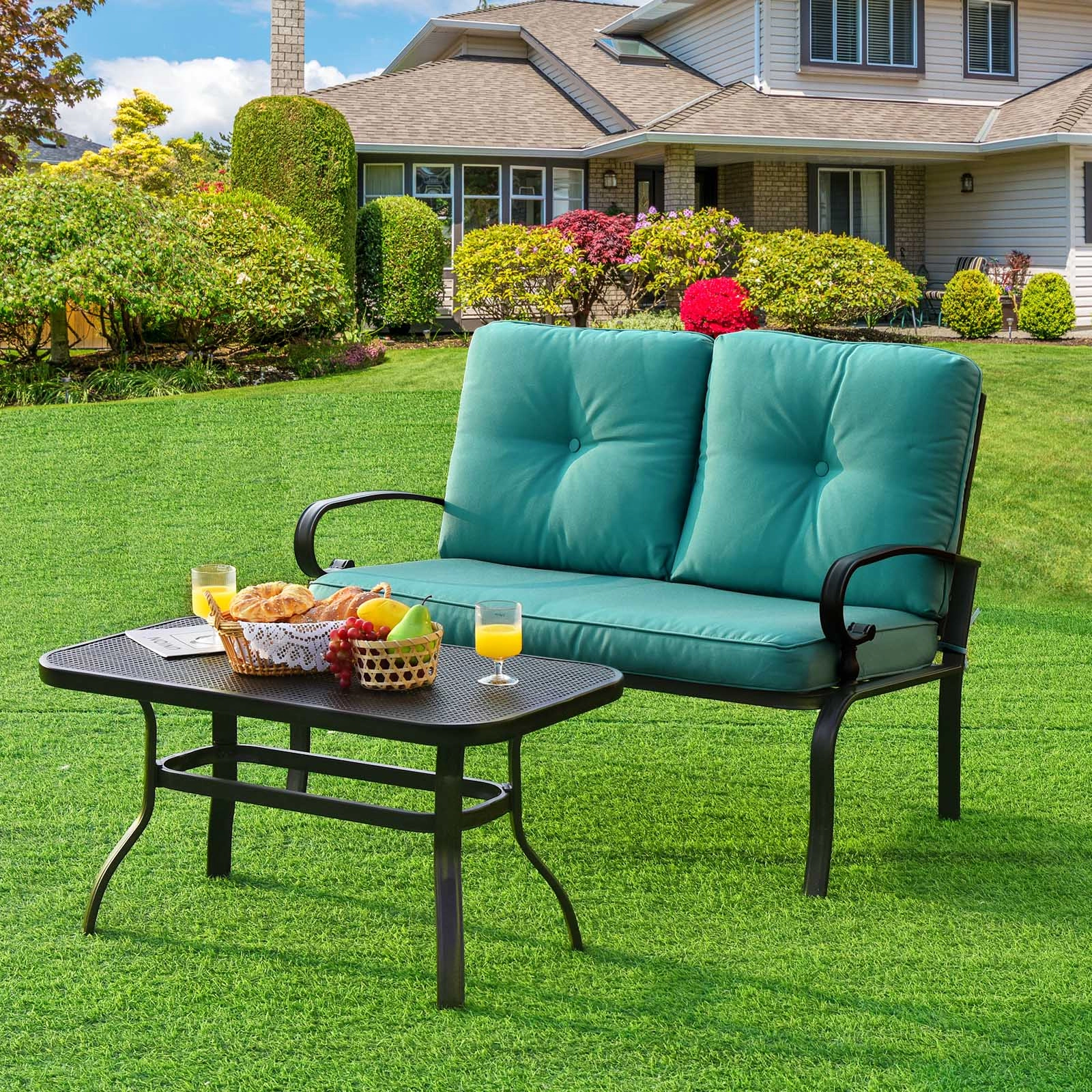 SUGIFT 2-Piece Black Steel Patio Loveseat and Coffee Table Set