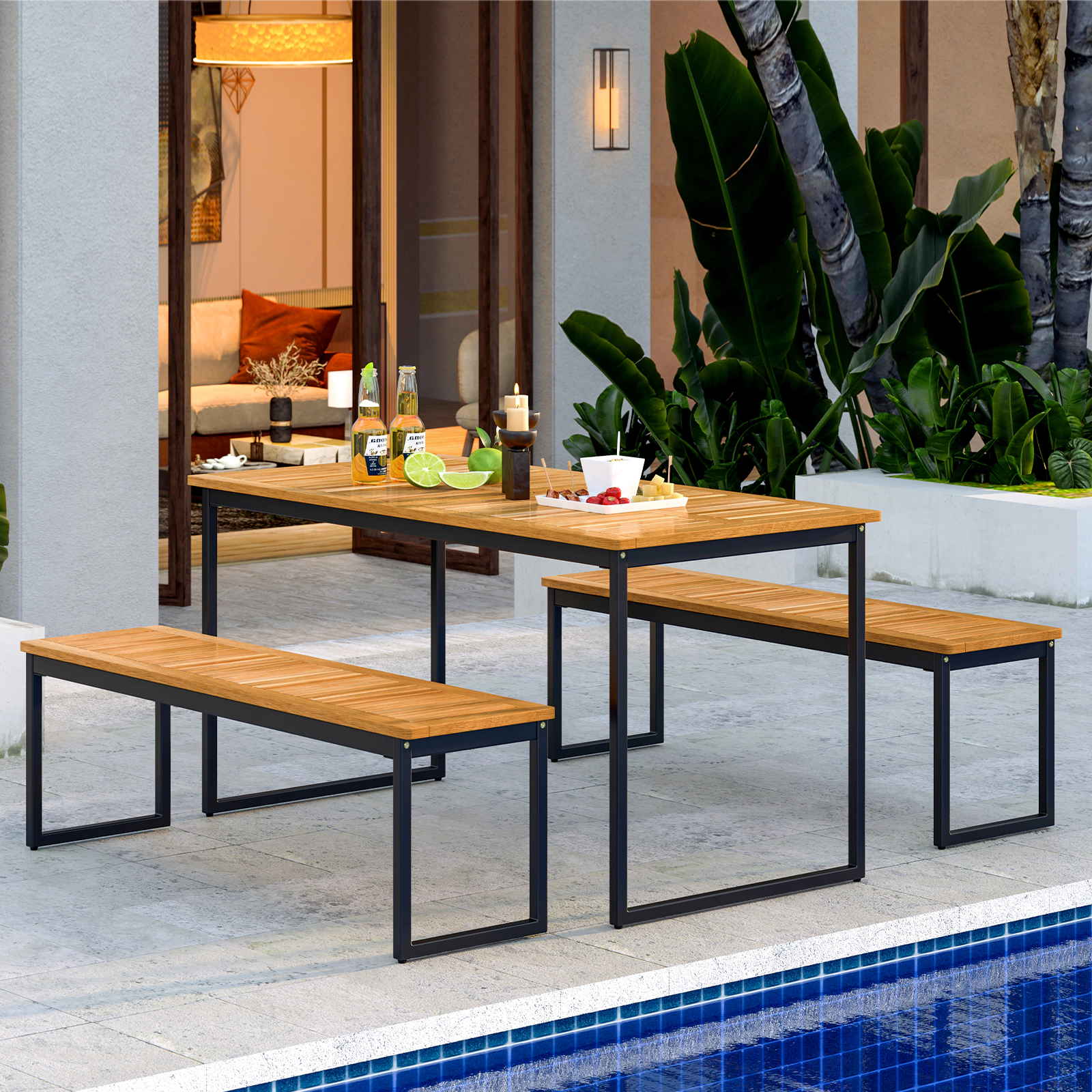 SUGIFT Set of 2 Acacia Wood Patio Dining Benches 51-in Long 800-lb Capacity Indoor Outdoor Natural + Black