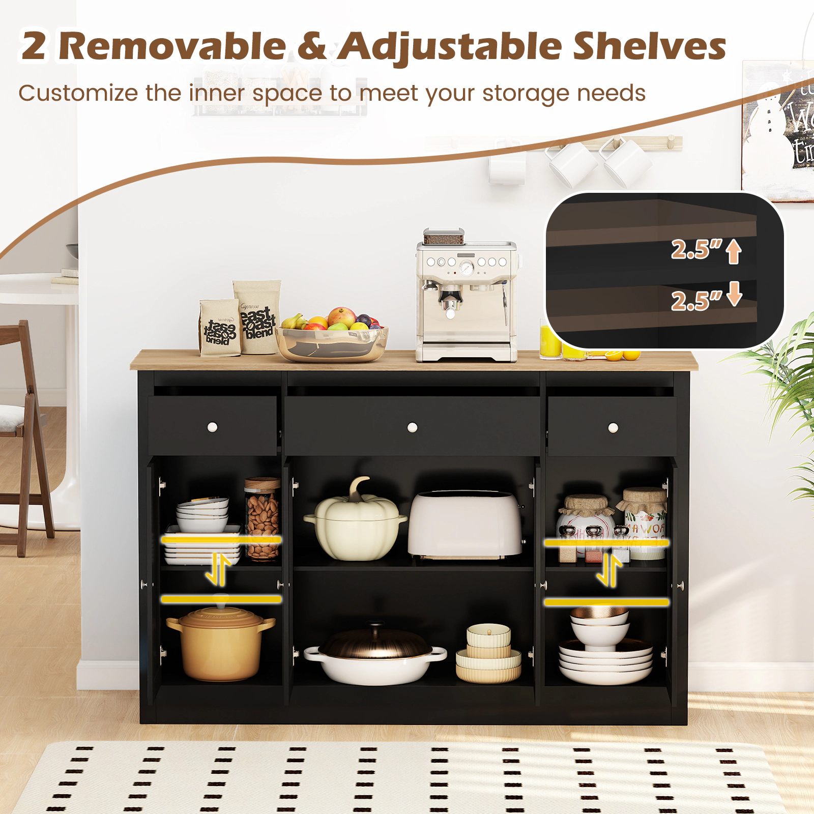 SUGIFT Buffet Sideboard Kitchen Storage Cabinet with 3 Drawers See-through Doors Adjustable Shelves Wine Bar Table Black