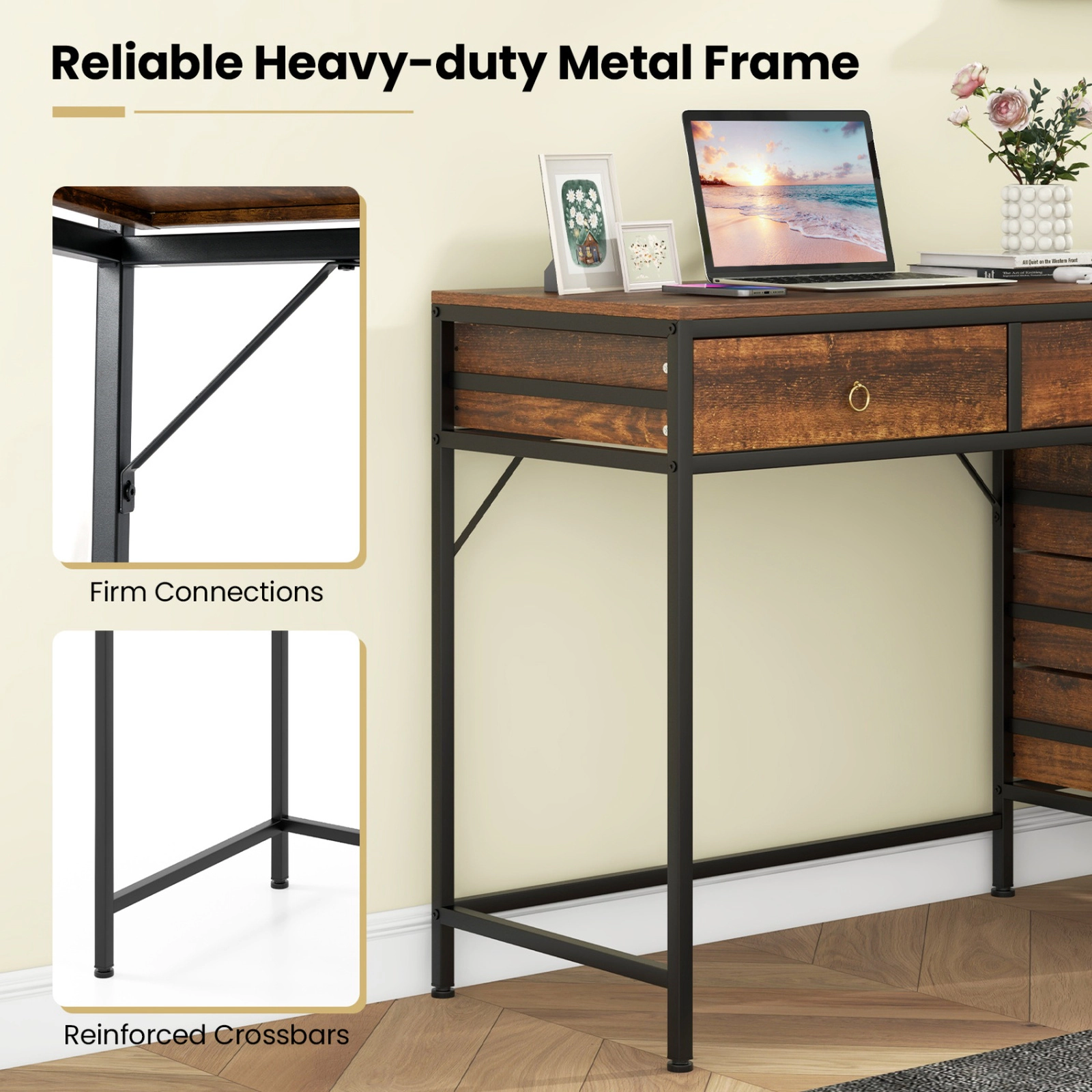 SUGIFT 51-in Computer Desk with 5 Drawers and Side File Cabinet 380-lb Capacity Rustic Brown & Black Home Office Desk