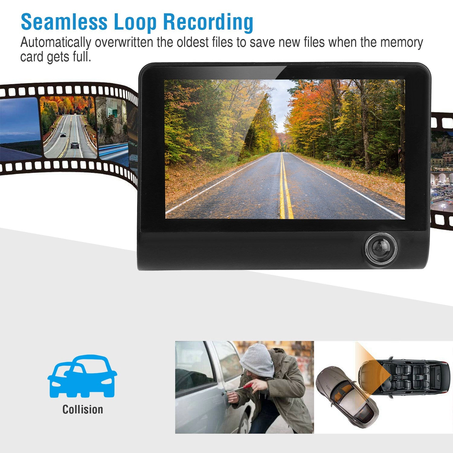GBruno 4 Inch 3-Lens 1296P Car Dash Camera