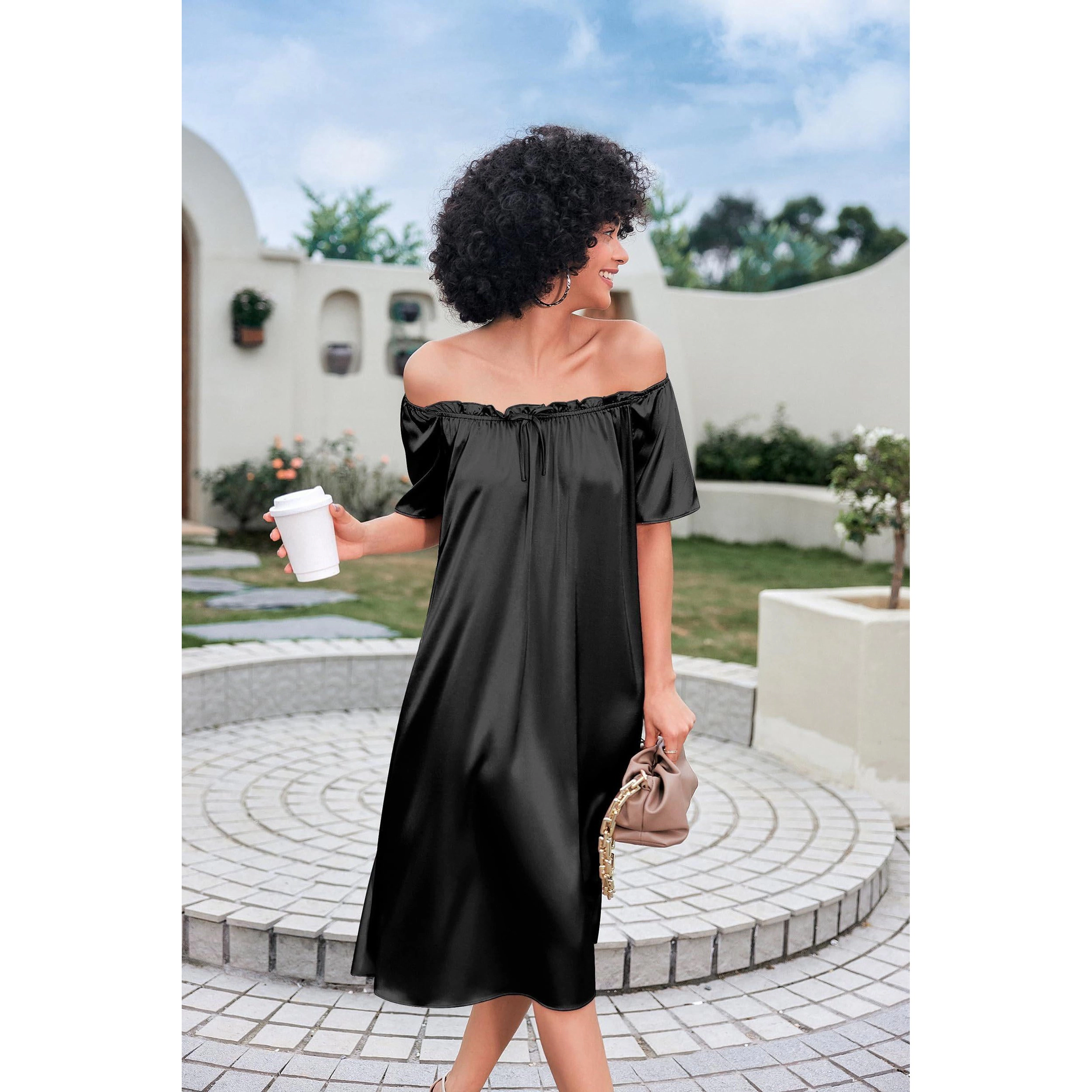 Ekouaer Womens Satin Silk Nightgown Printed Short Sleeve Sleepshirt Loose Loungewear