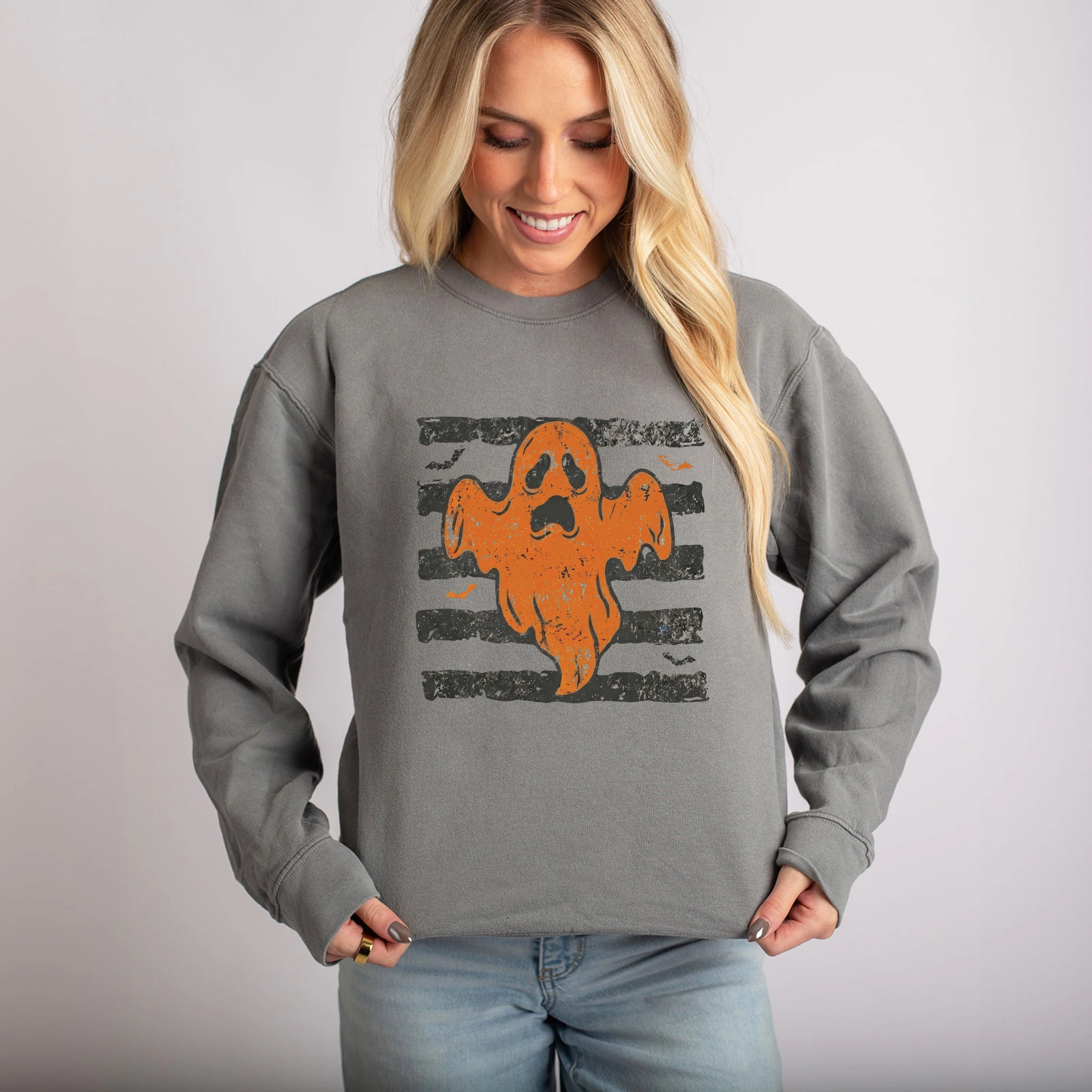Simply Sage Market - Women's Lightweight Garment Dyed Sweatshirt Ghost Stripes Bats
