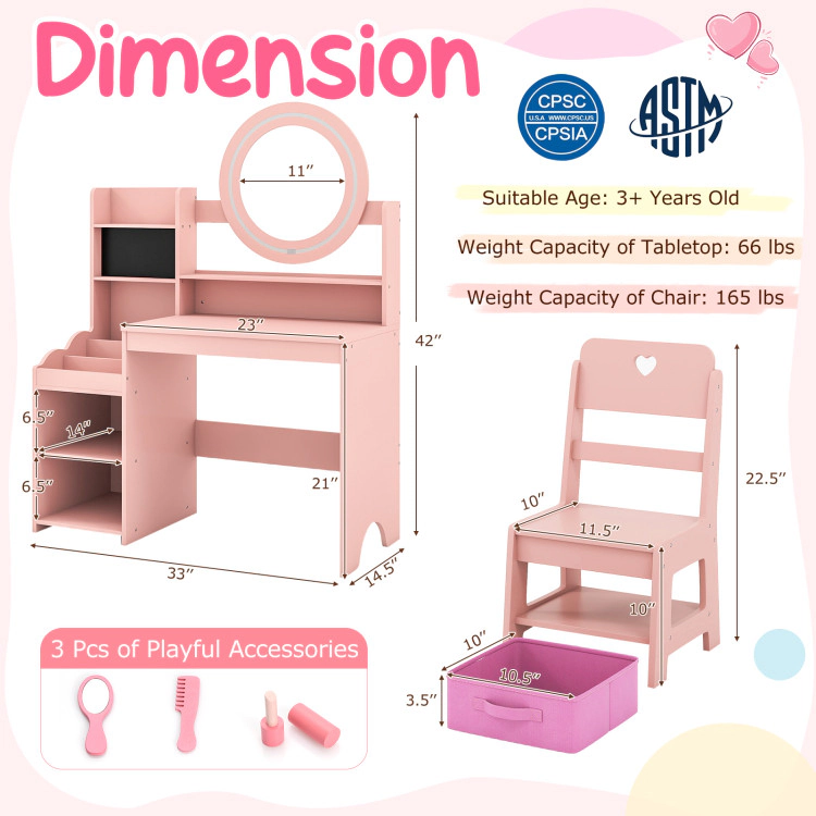 Hivvago Kids Vanity Desk With Mirror And Lights Princess Pretend Play Dressing Table Chair Set
