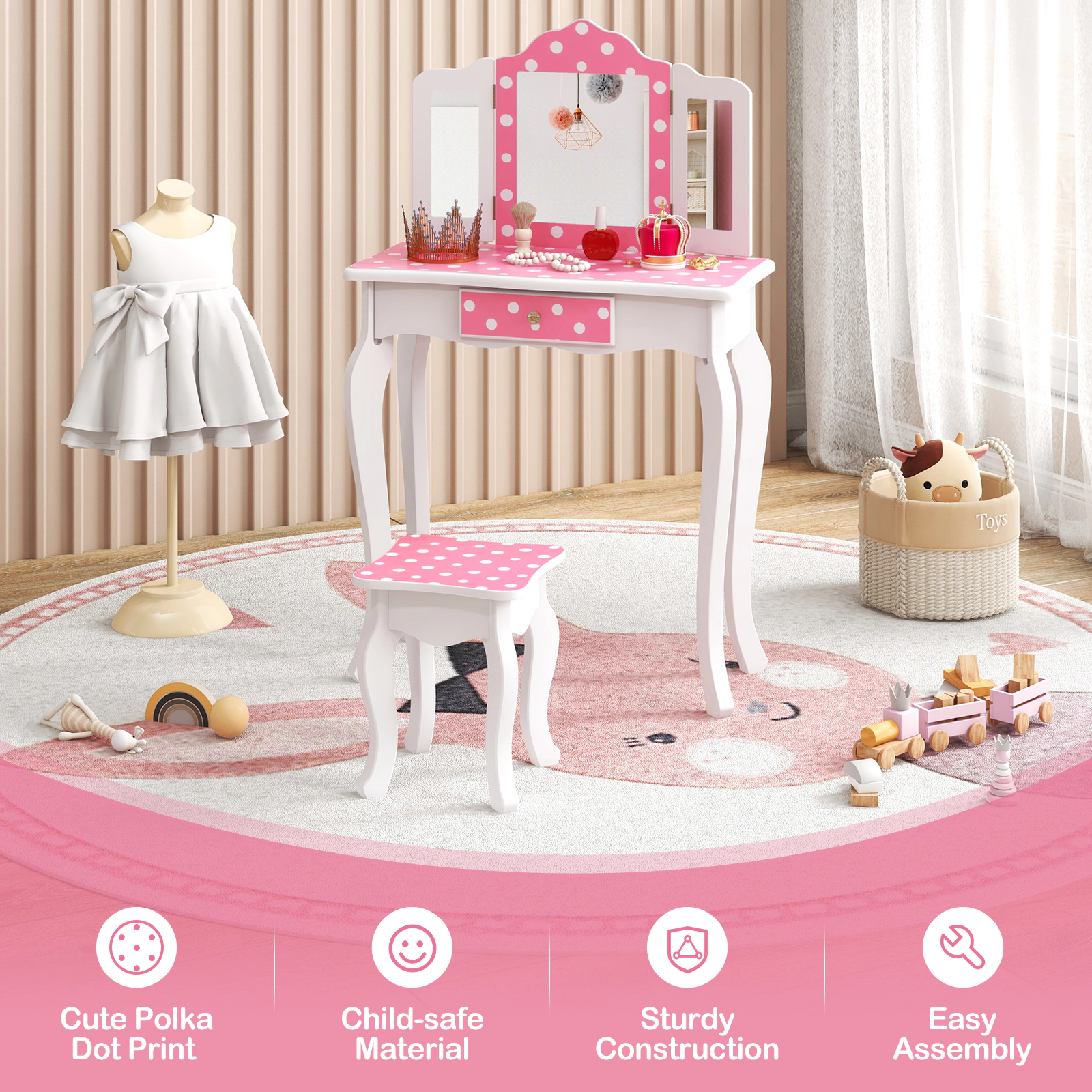 Hivvago Princess Pretend Play Makeup Dressing Table with Cute Polka Dot Print