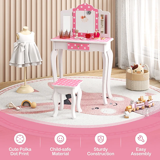 Hivvago Princess Pretend Play Makeup Dressing Table with Cute Polka Dot Print