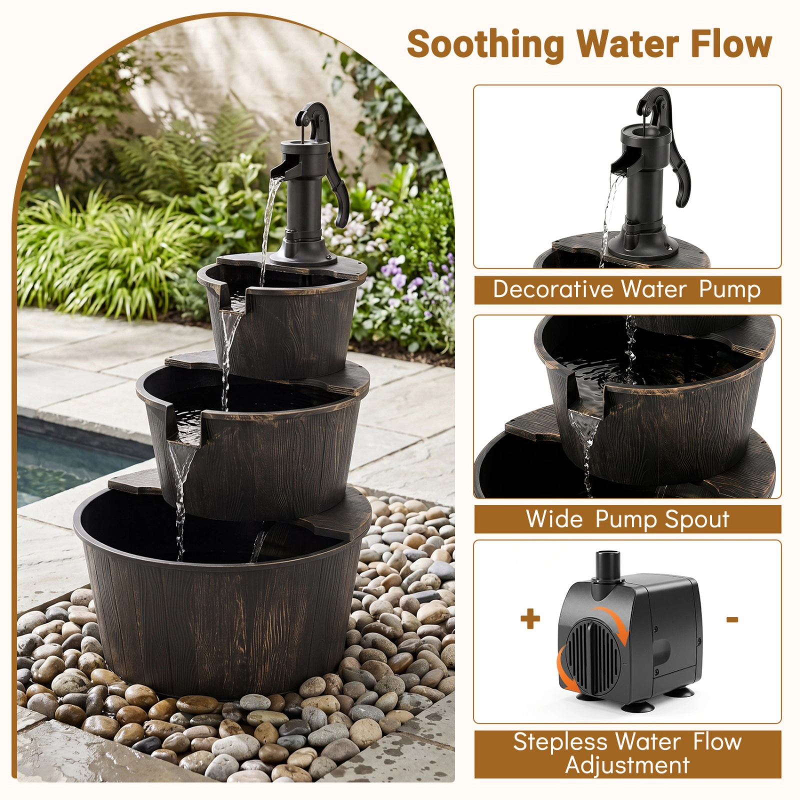 SUGIFT 3-Tier 37-in Outdoor Waterfall Barrel Water Fountain with Electric Pump and Bronze Finish