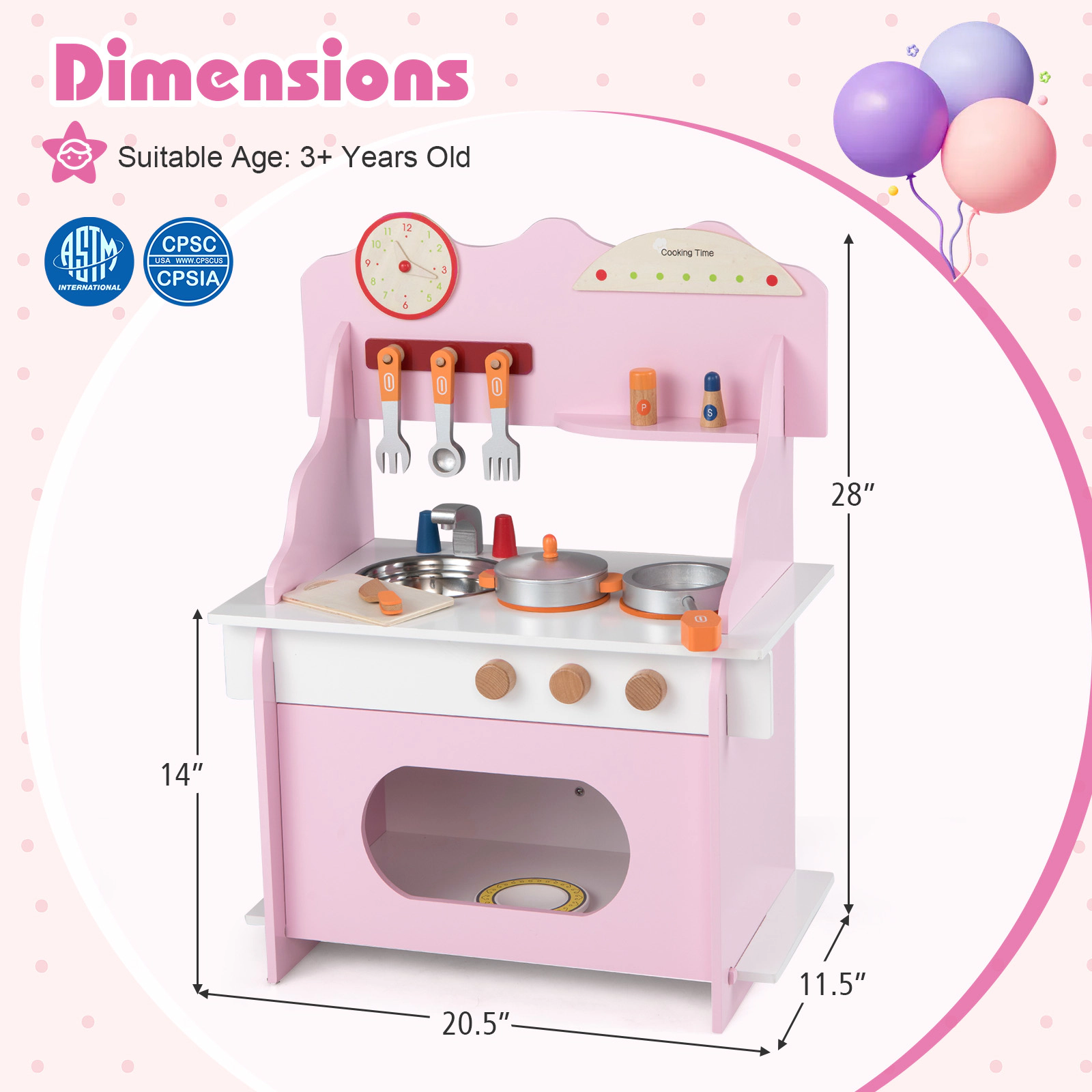 Pretend Play Toy Kitchen Set for Kids Clock Complete Accessory Kit Storage Shelves 20.5-in x 11.5-in x 28-in Pink