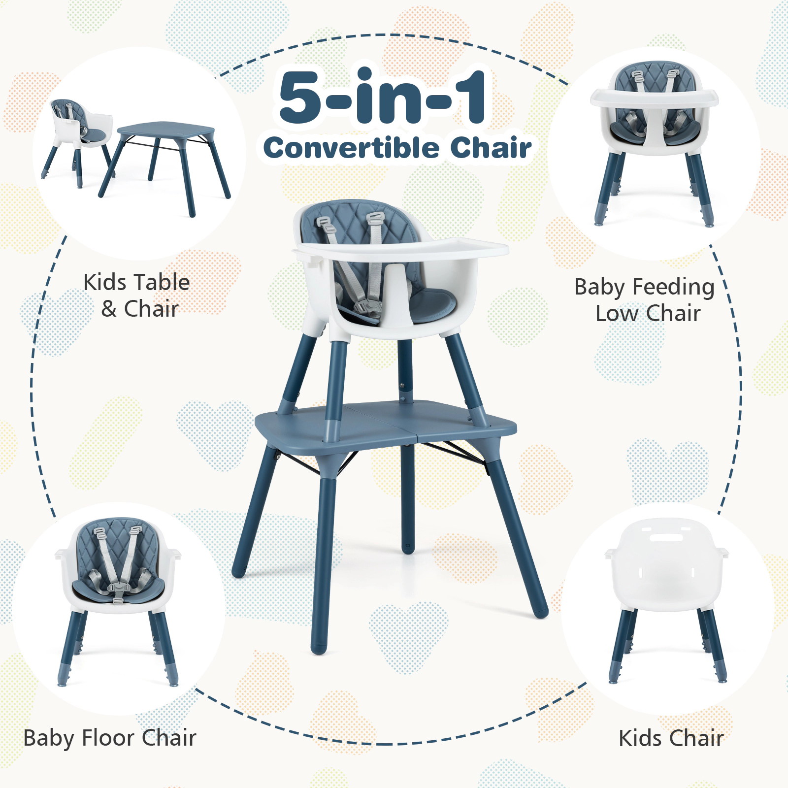SUGIFT 4-in-1 Convertible Baby High Chair & Toddler Table Chair Set with PU Cushion 33-lb Capacity Ages 6-36 Months Blue