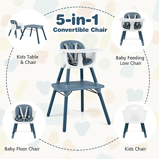 SUGIFT 4-in-1 Convertible Baby High Chair & Toddler Table Chair Set with PU Cushion 33-lb Capacity Ages 6-36 Months Blue
