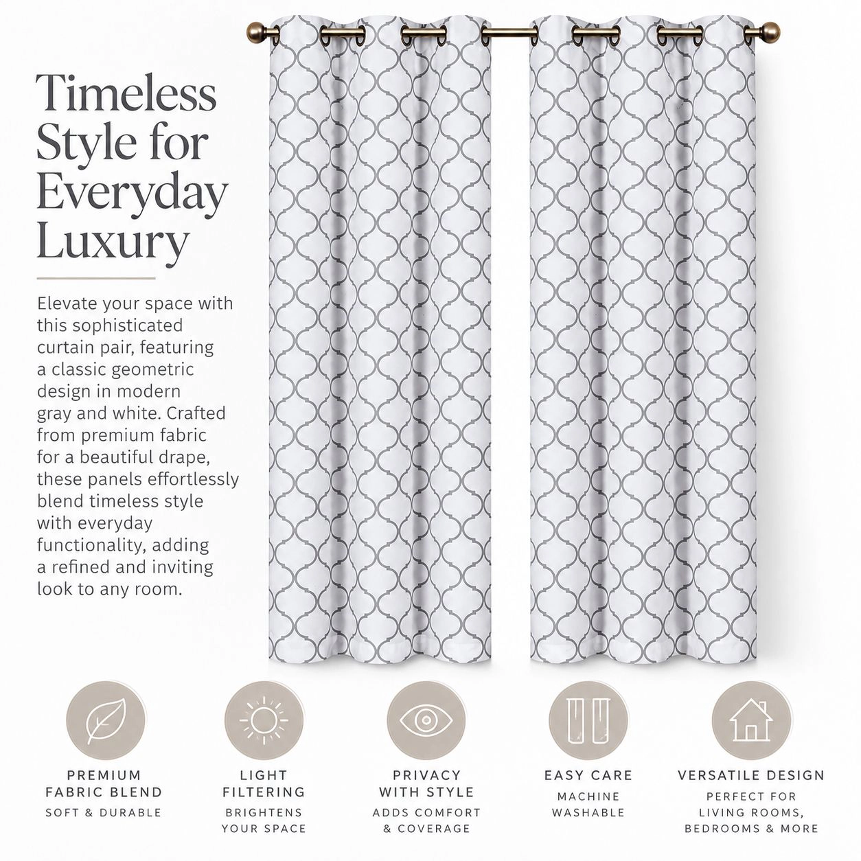 Kate Aurora Contemporary Living 2 Pack Gray And White Trellis Clover Window Curtains - 38 in. W x 84 in. L