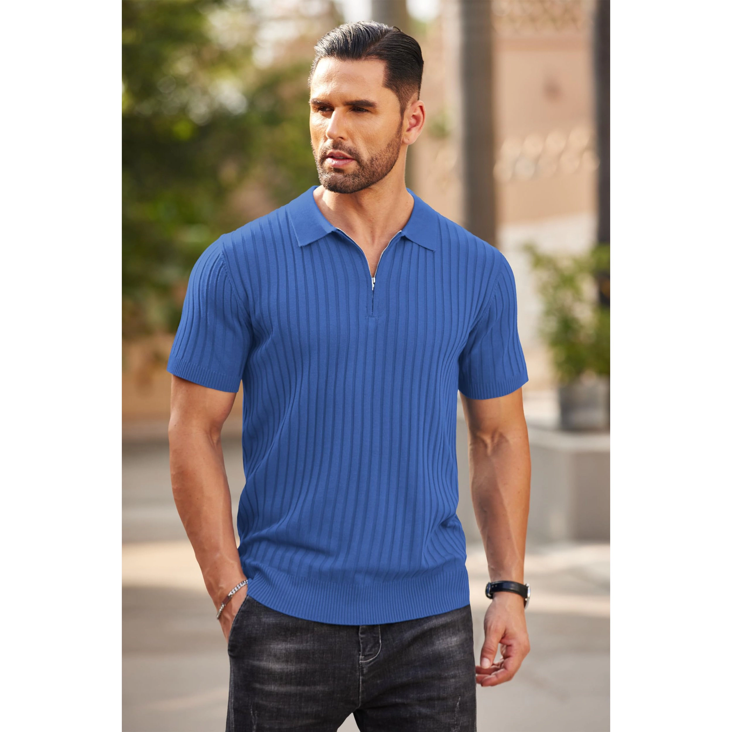 COOFANDY Men's Regular Fit Ribbed Knit Half Zip Short Sleeve Polo Shirt