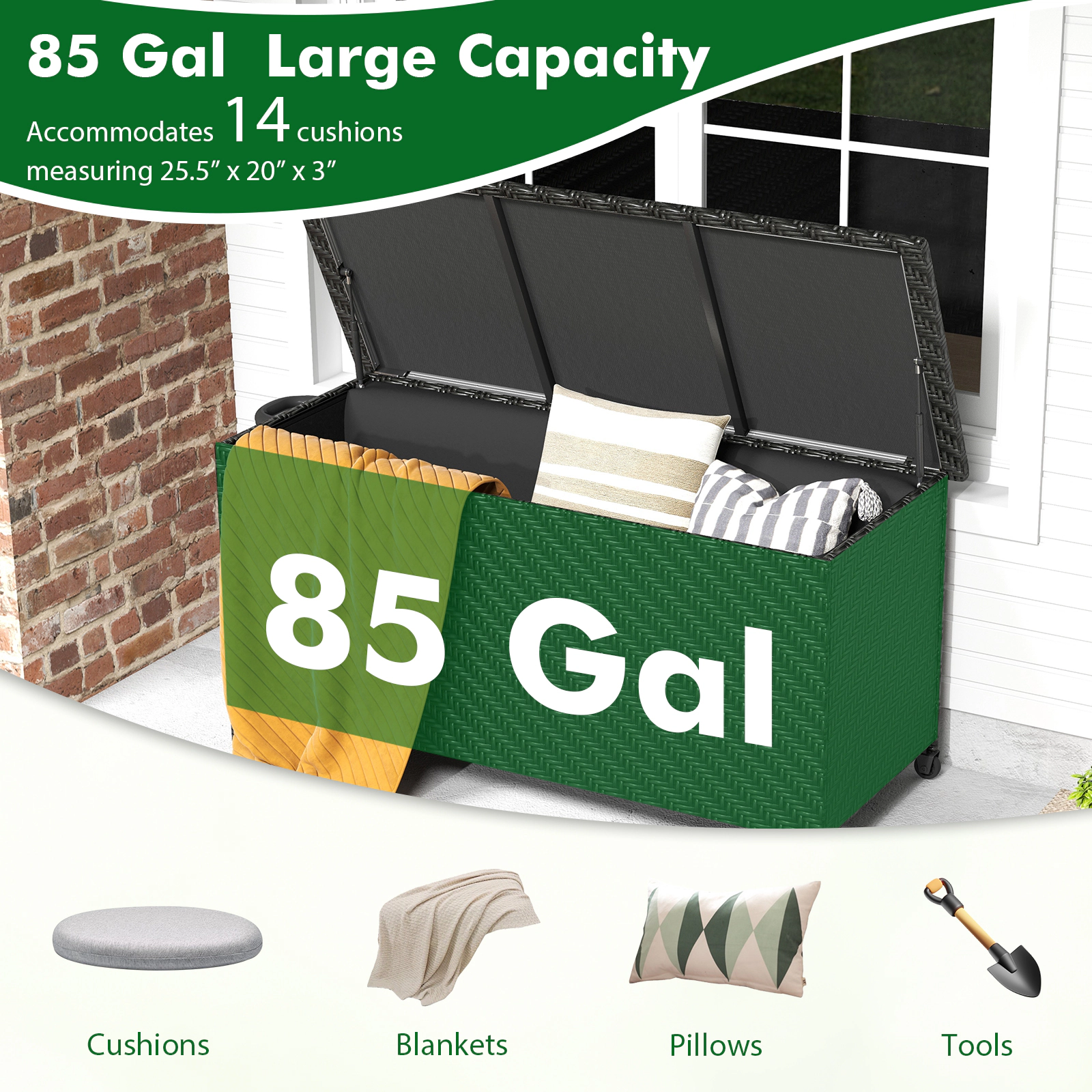 SUGIFT 85 Gallon PE Rattan Outdoor Storage Box with Liner and Wheels 66-lb Top 88-lb Bottom Capacity Brown/Black