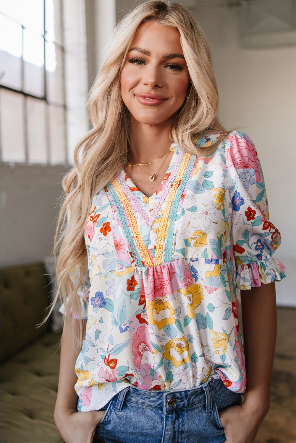 Threaded Pear Women's Solana Boho Flower Half Puff Sleeve Blouse