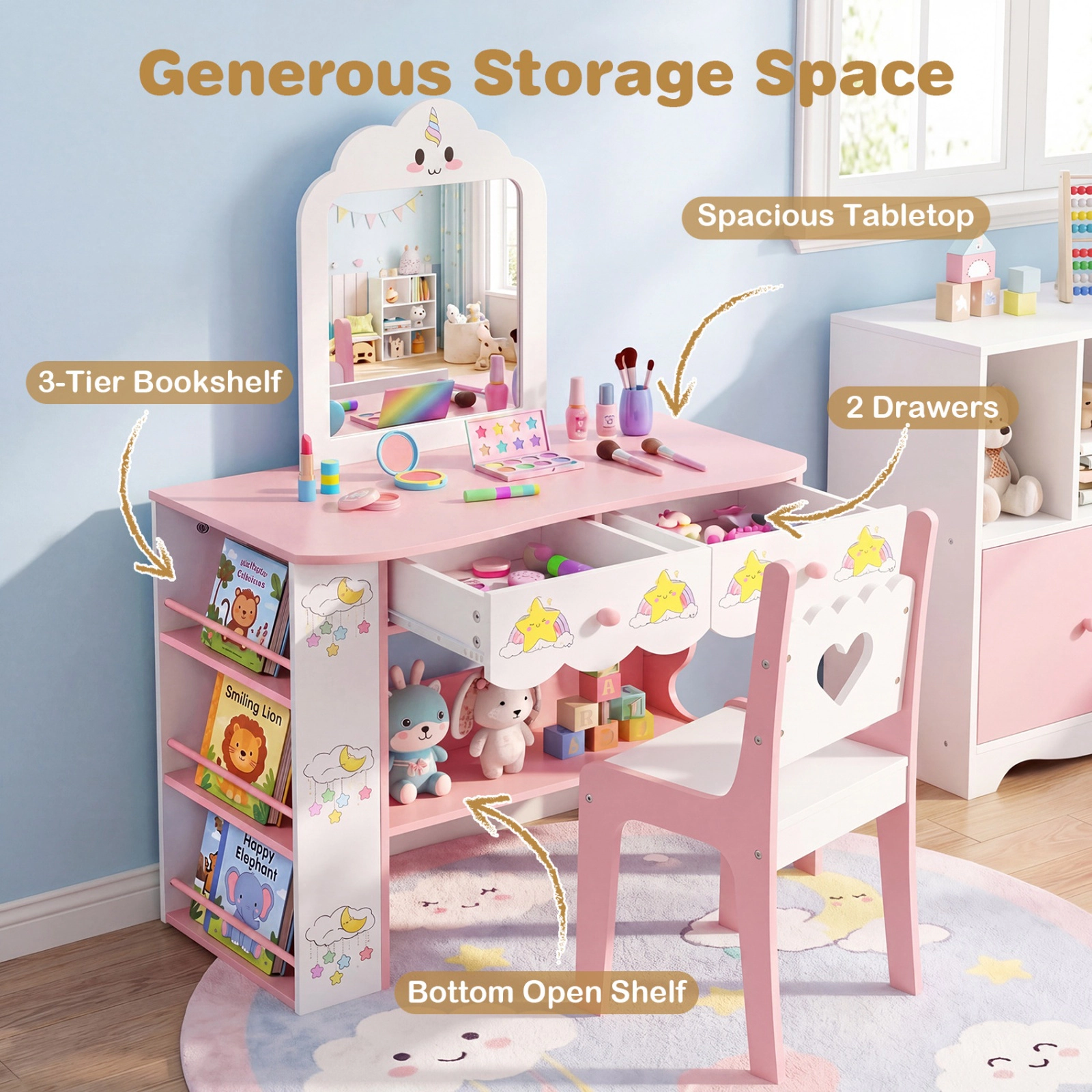 SUGIFT Kids Vanity Table and Chair Set, Mirror, 2 Drawers and Side Shelves