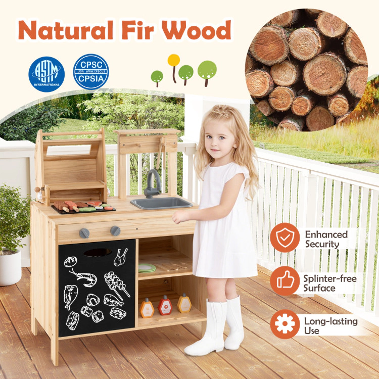 SUGIFT Wooden Barbecue Grill Playset with Chalkboard Sink and Cabinet 27-in Wide Countertop Ages 3+ 25-Piece Set Natural