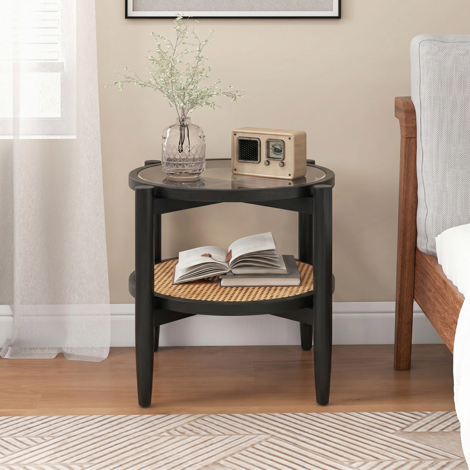 SlickBlue Round Rattan Side Table with Glass Top and Shelf