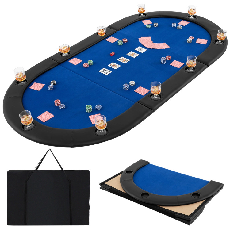 SUGIFT Blue 10-Player Oval Foldable Poker Table Top with Triple Fold Design and Carrying Bag 84-in W 42-in D