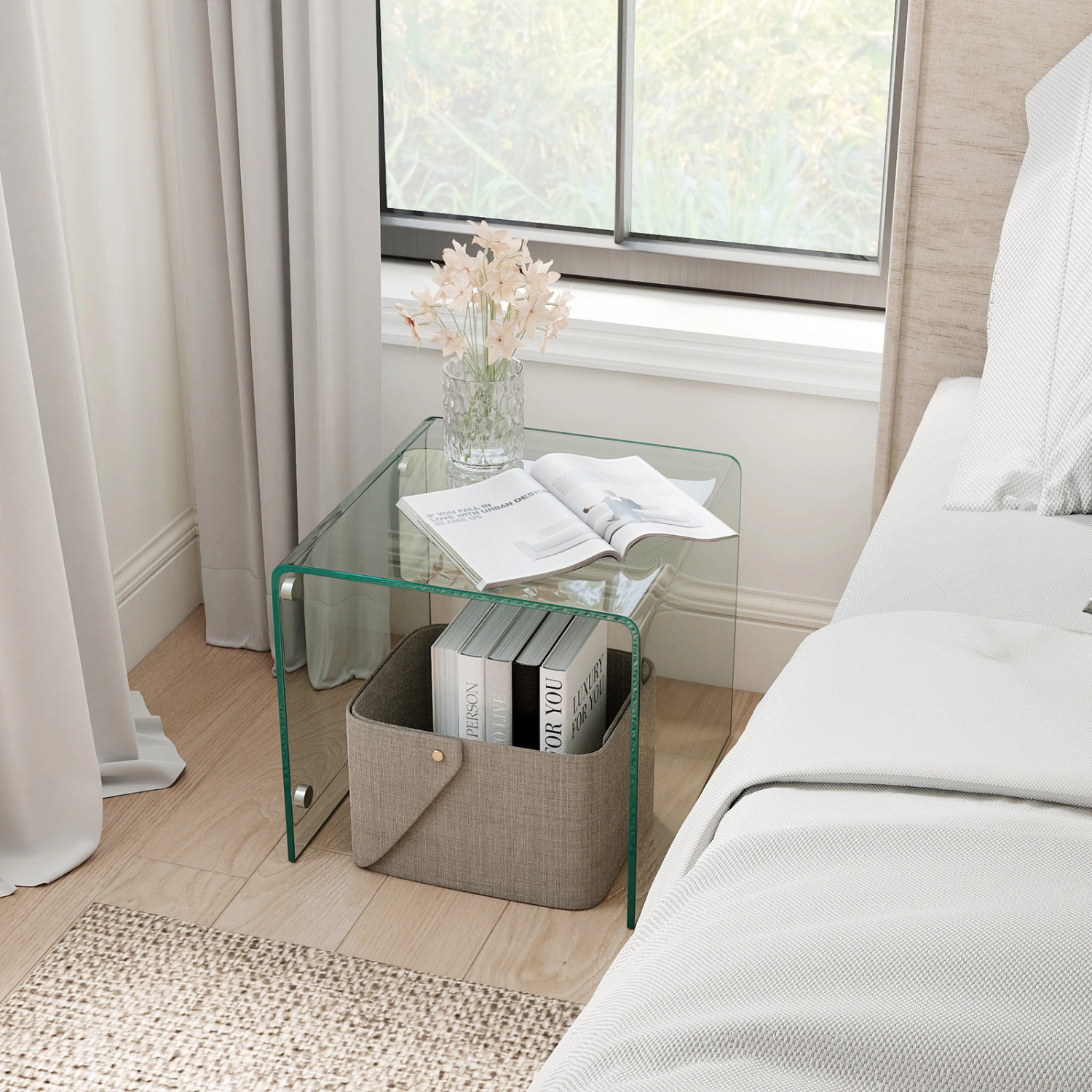 LJG C-Shaped End Table Modern Tempered Glass Side with Shelf