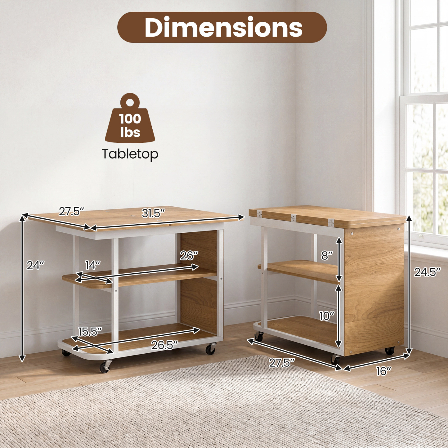 Glintex Mobile Nightstand with Foldable Swivel Top and 2-Tier Shelf