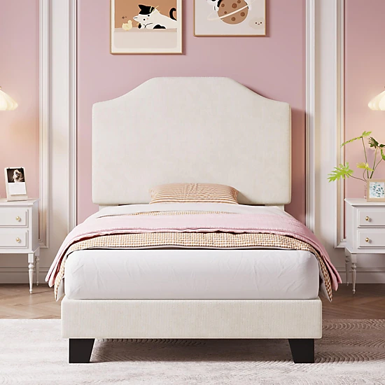 BebreezChic Kids Twin Corduroy Upholstered Platform Bed with Adjustable ...