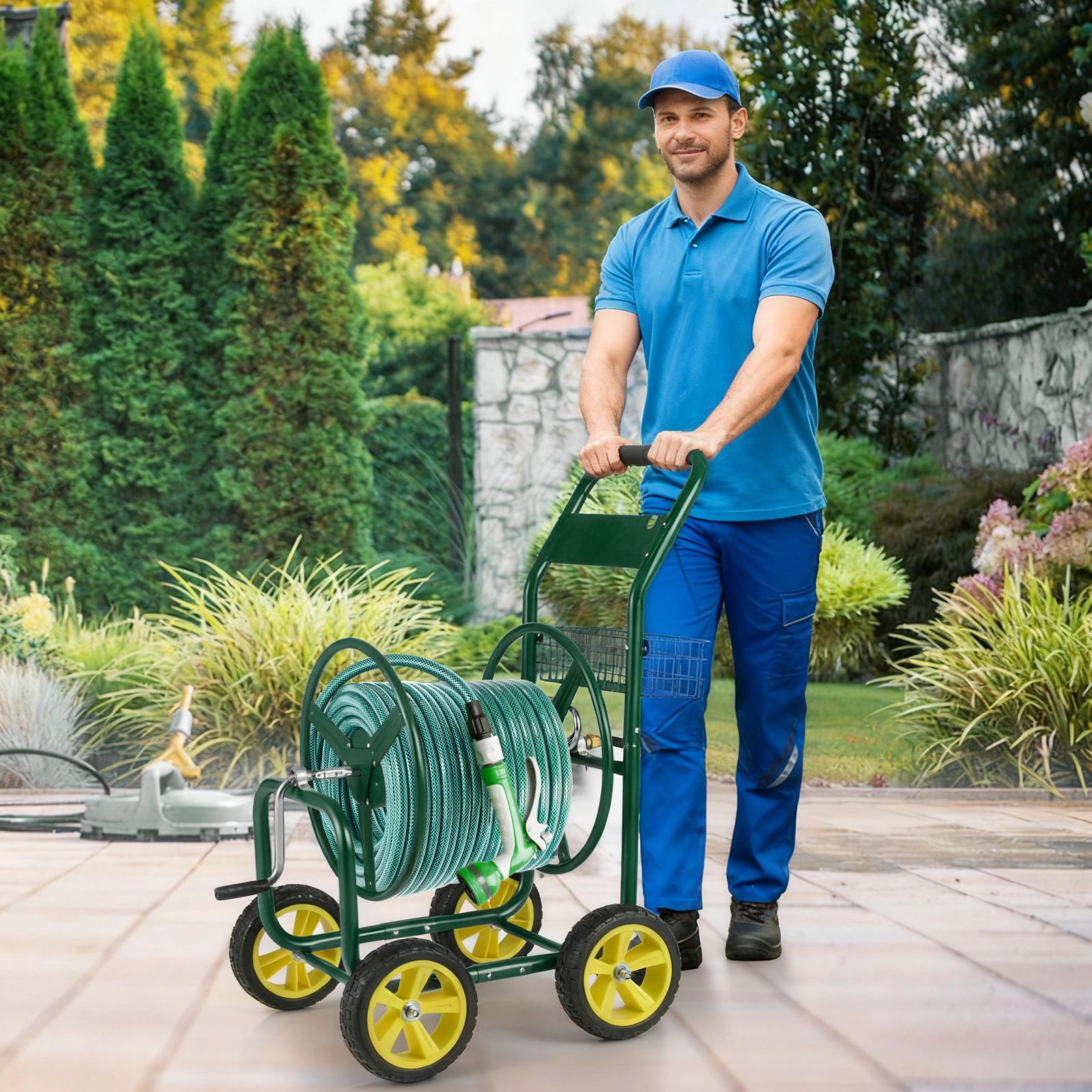 SUGIFT Green Metal Garden Hose Reel Cart with Storage Basket 4 Wheels and Brass Fittings for 300-ft Hose