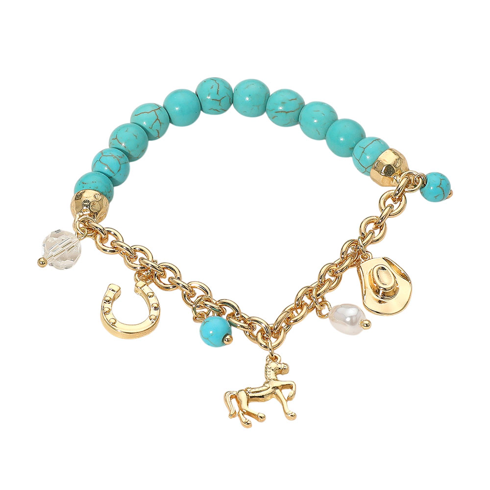 FASHNZFAB SECRET BOX_Western Horse Horse Shoe Cowboy Hat Pearl Charm Beaded Stretch Bracelet