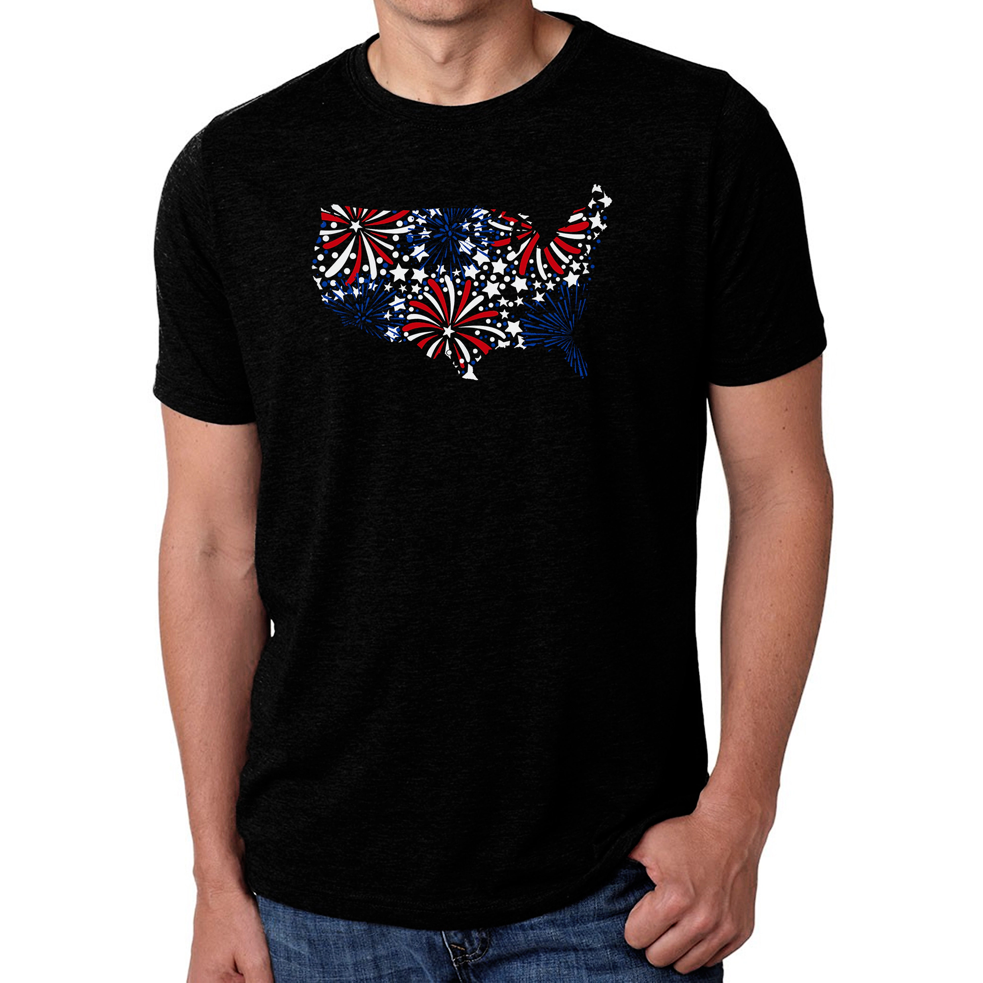 LA Pop Art Men's Cotton/Poly Blend T-Shirt - USA Fireworks Patriotic Graphic Tee