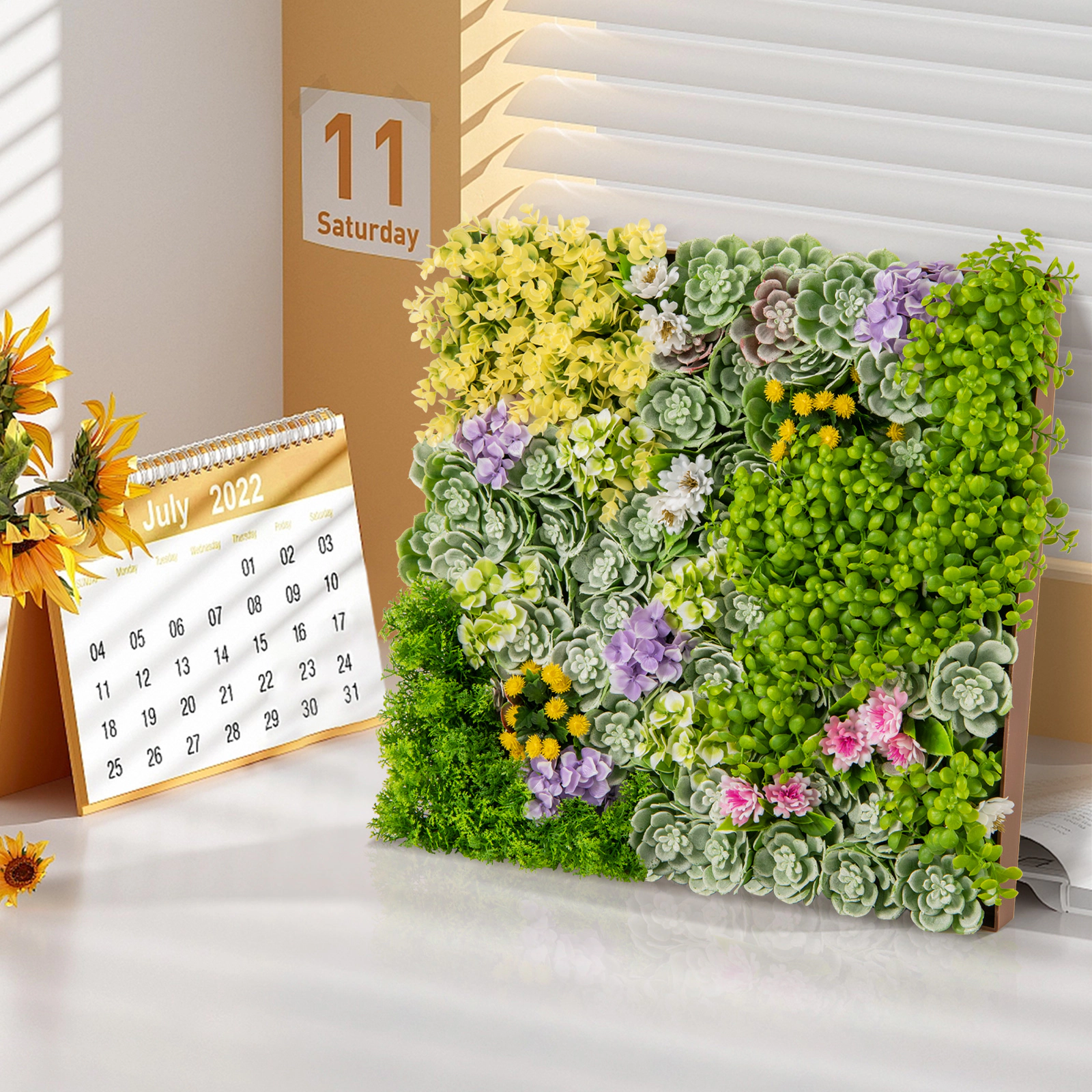 SUGIFT 3D Hanging Succulent Wall Panel 20 x 20 in with 10 Mixed Faux Plants PE Green and Brown for Balcony Home