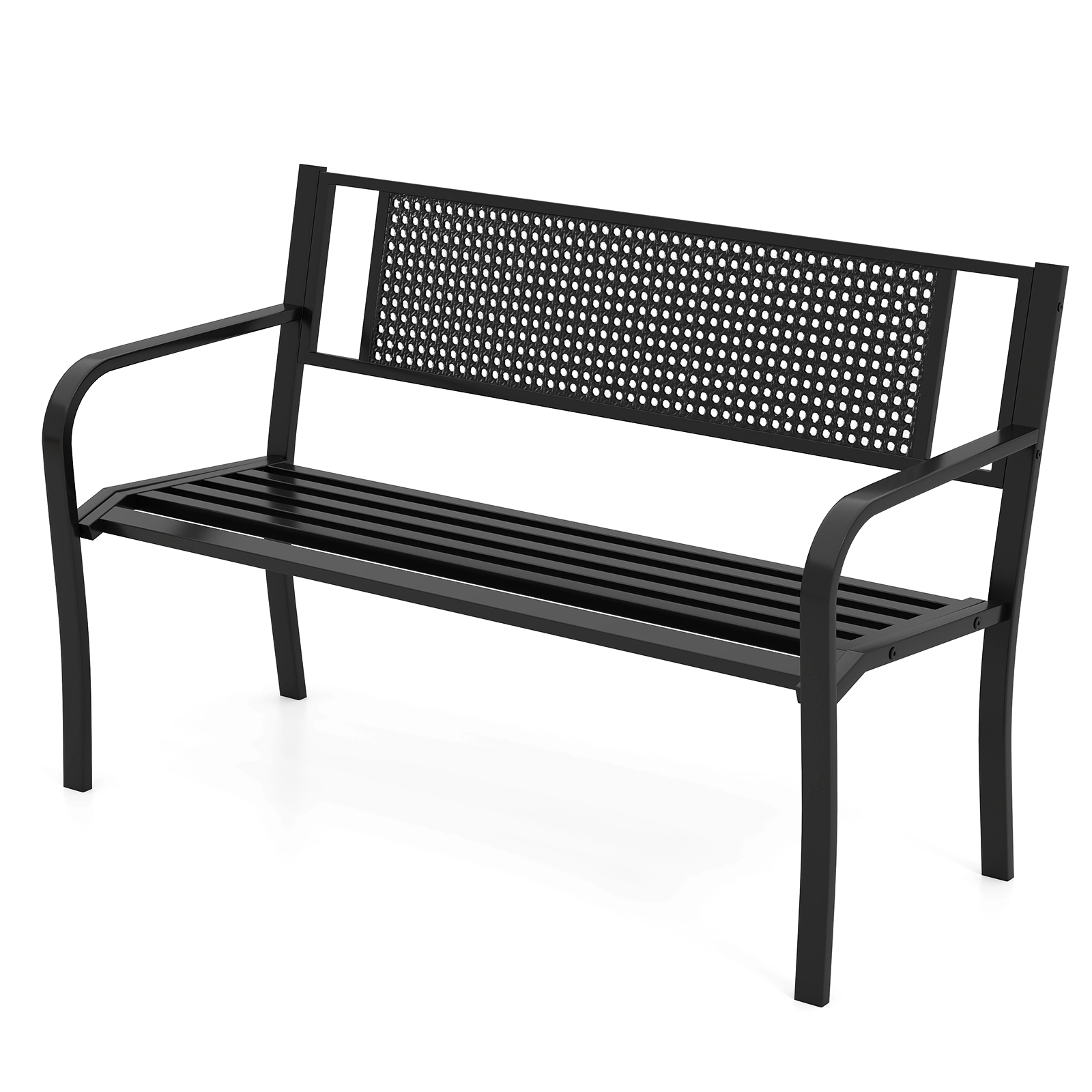 SUGIFT 50-Inch Black Metal Outdoor Garden Bench with Patterned Back and Curved Armrests
