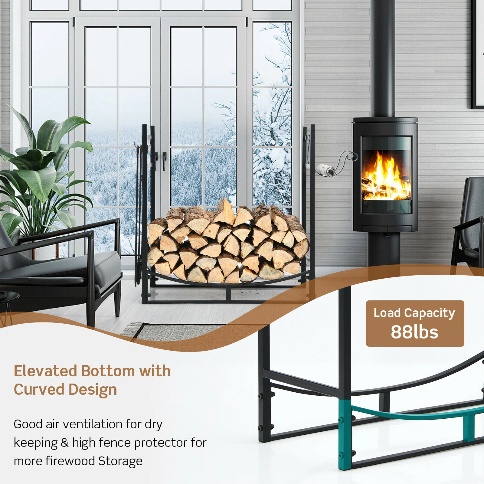 SUGIFT 30-in 4-Piece Tool Set Kindling Holders Steel Firewood Log Rack 36-in x 13-in x 30-in 110-lb Capacity Black